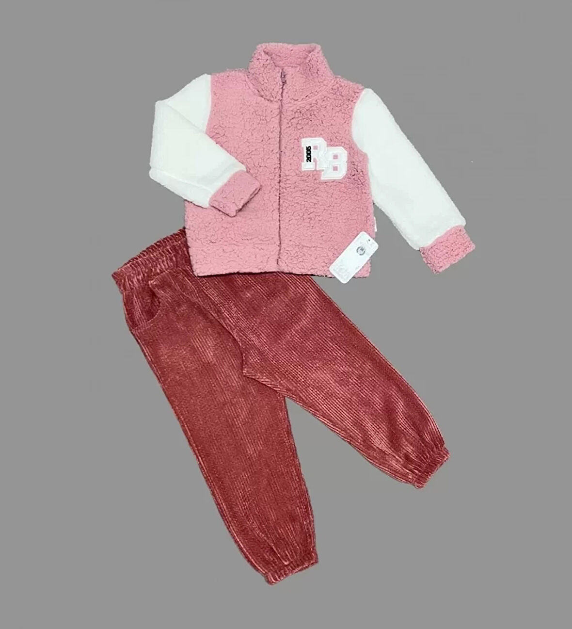 Lenaca 1-2-3 Yaş Kuzu Kumaş Fermuarlı Sweat Kadife Pantolonlu Uzun Kollu Kız Erkek Çocuk 2li Takım