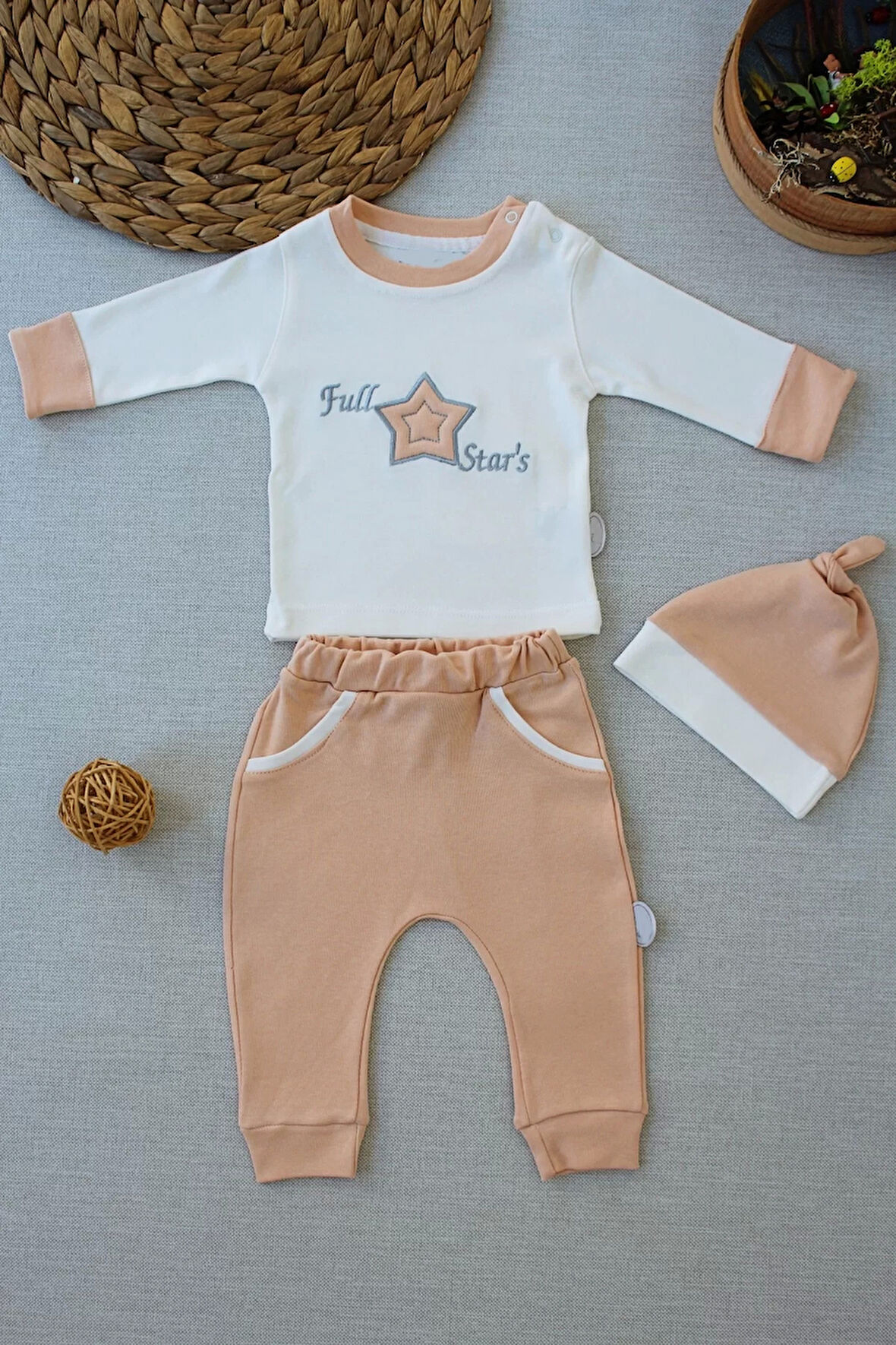 Lenaca 3-6 6-9 9-12 Ay Full Star Nakışlı Şapkalı Uzun Kollu Sweat 3lü Erkek Bebek Takımı