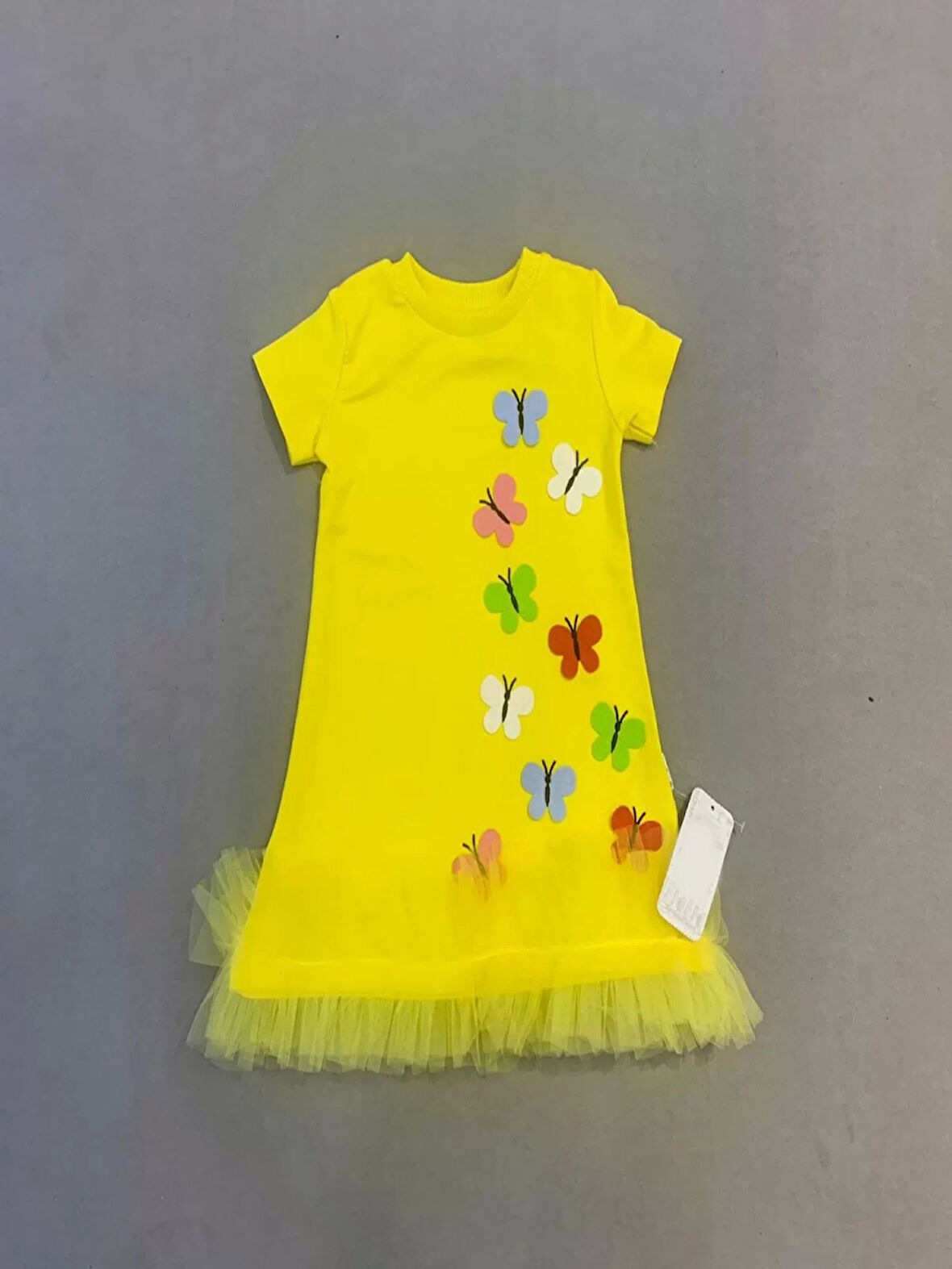Lenaca 1-2-3 Yaş Renkli Kelebekler Nakışlı Eteği Fırfırlı Jile Çocuk Elbisesi
