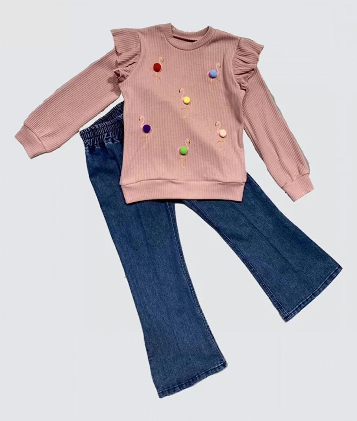 Lenaca 4-5-6 Yaş Kot Pantolonlu Flamingo Desenli Penye Sweat Uzun Kollu 2li Kız Çocuk Takımı