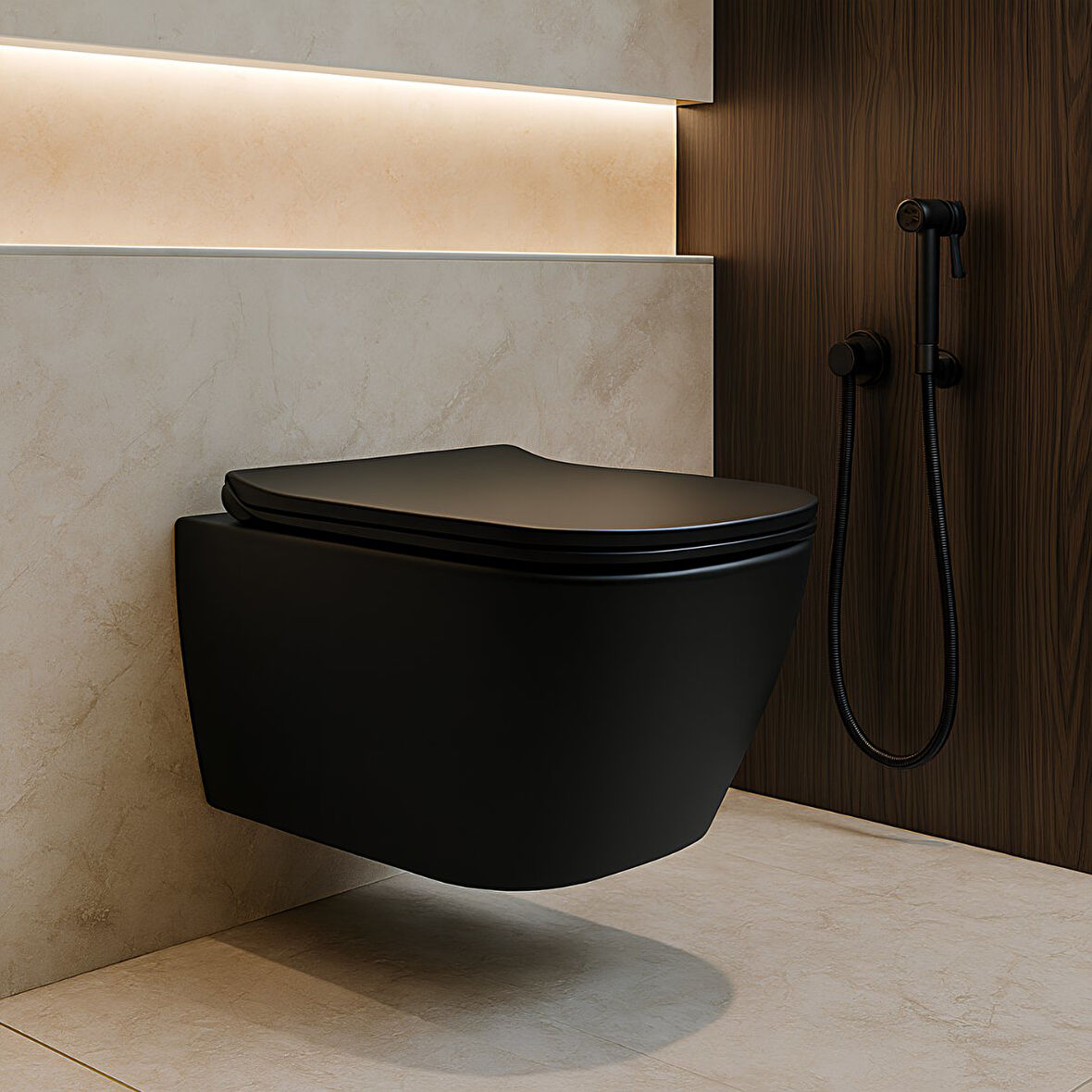 Turavit Luna Kanalsız Mat Siyah Asma Klozet LN5610S, Luna Mat Siyah Duroplast Yavaş Kapak