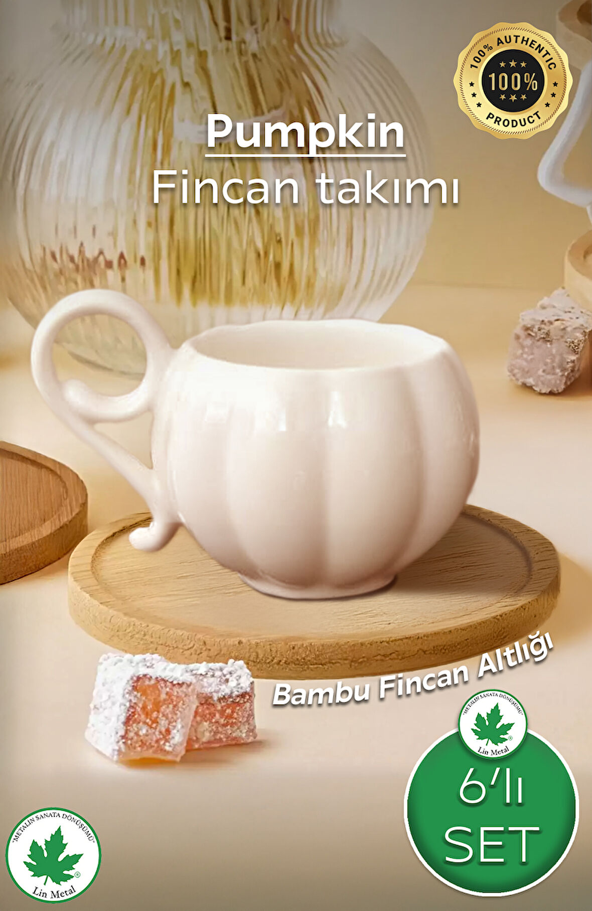 Pumpkin Fincan 6 Kişilik 12 Parça Bambu Tabaklı Kahve Fincan Takımı 6 Adet