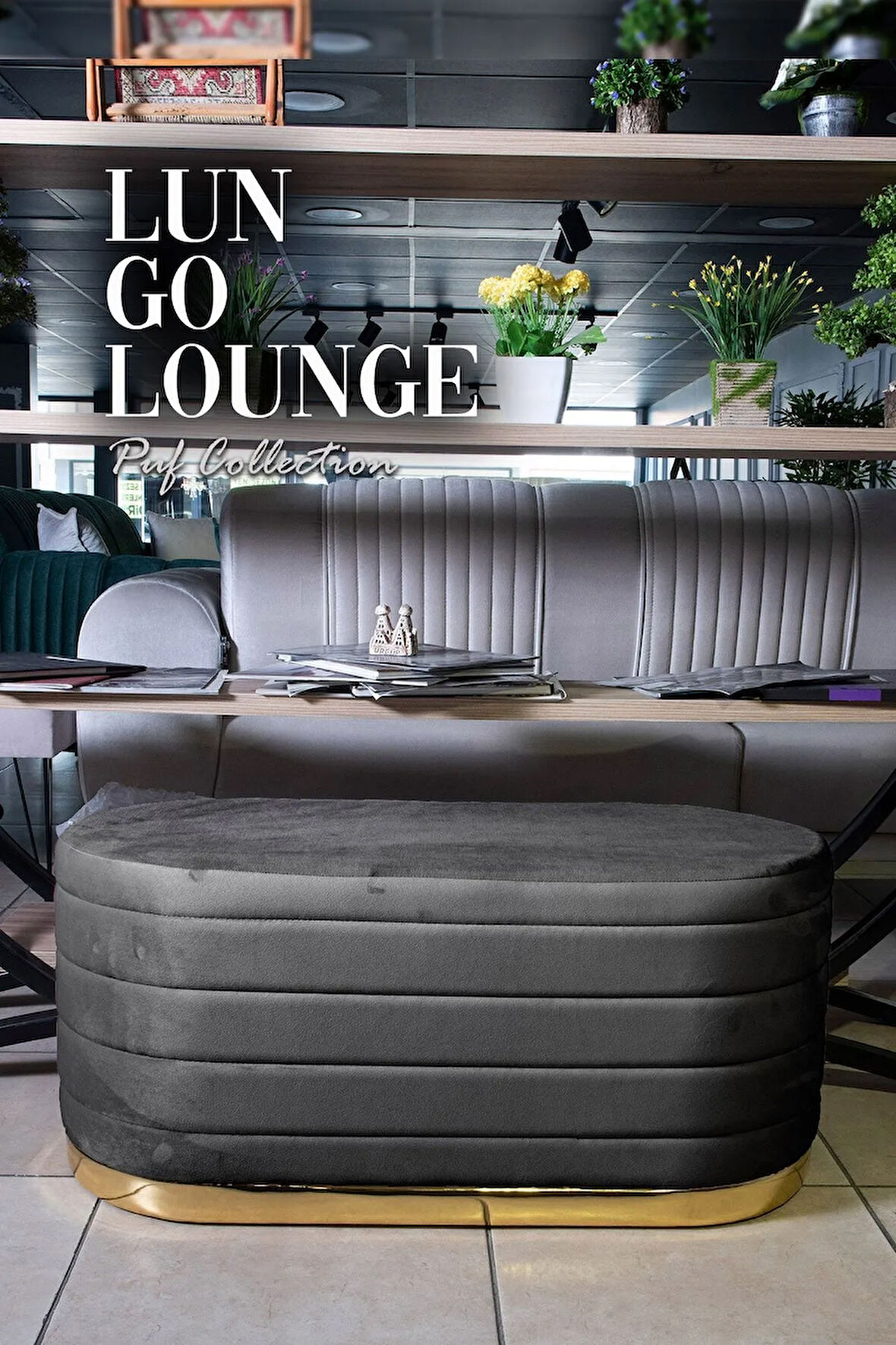 Lungo Long Line Antrasit Puf Luxery Gold Kaplama Dekoratif Puf Koltuk