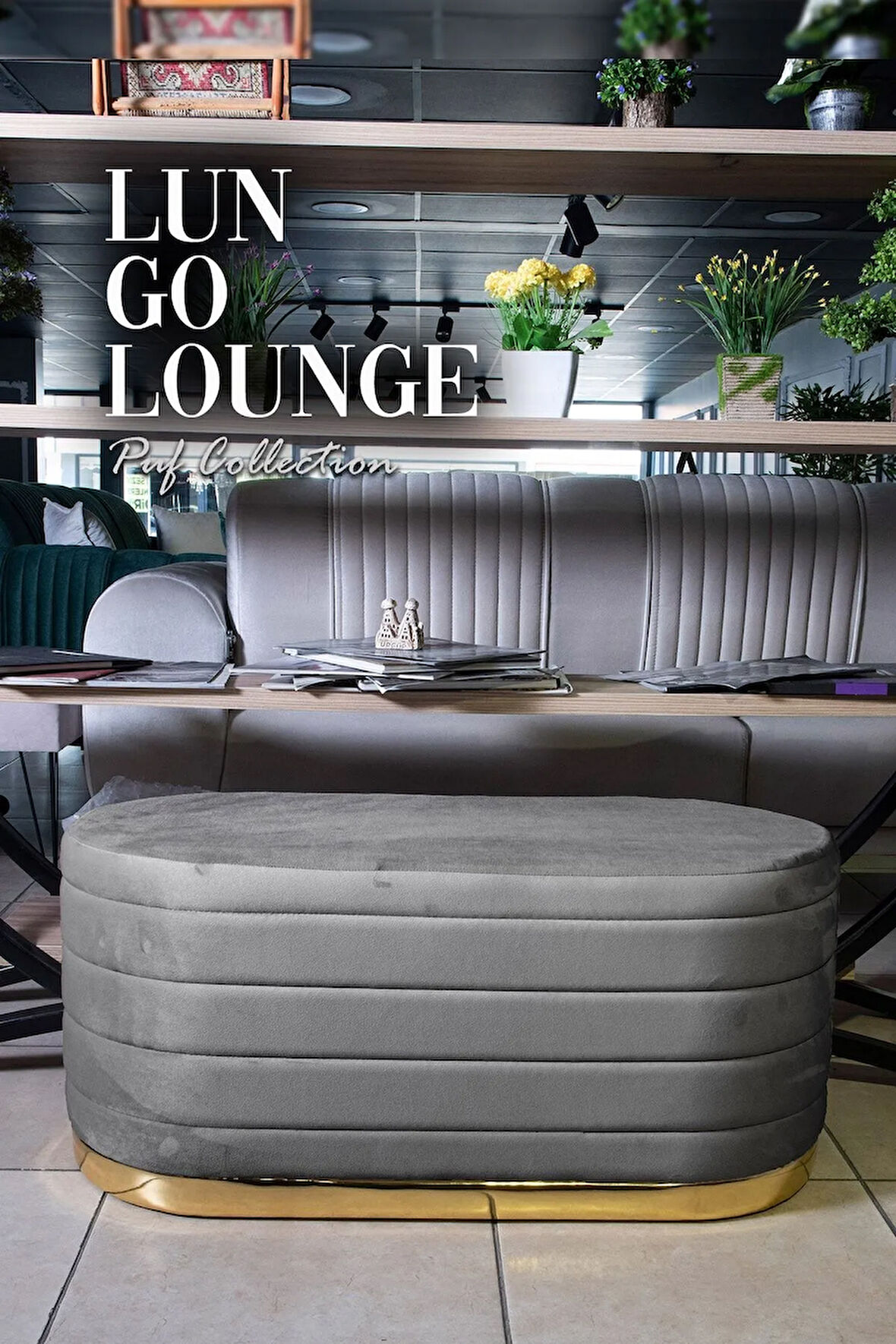 Lungo Long Line Gri Puf Luxery Gold Kaplama Dekoratif Puf Koltuk