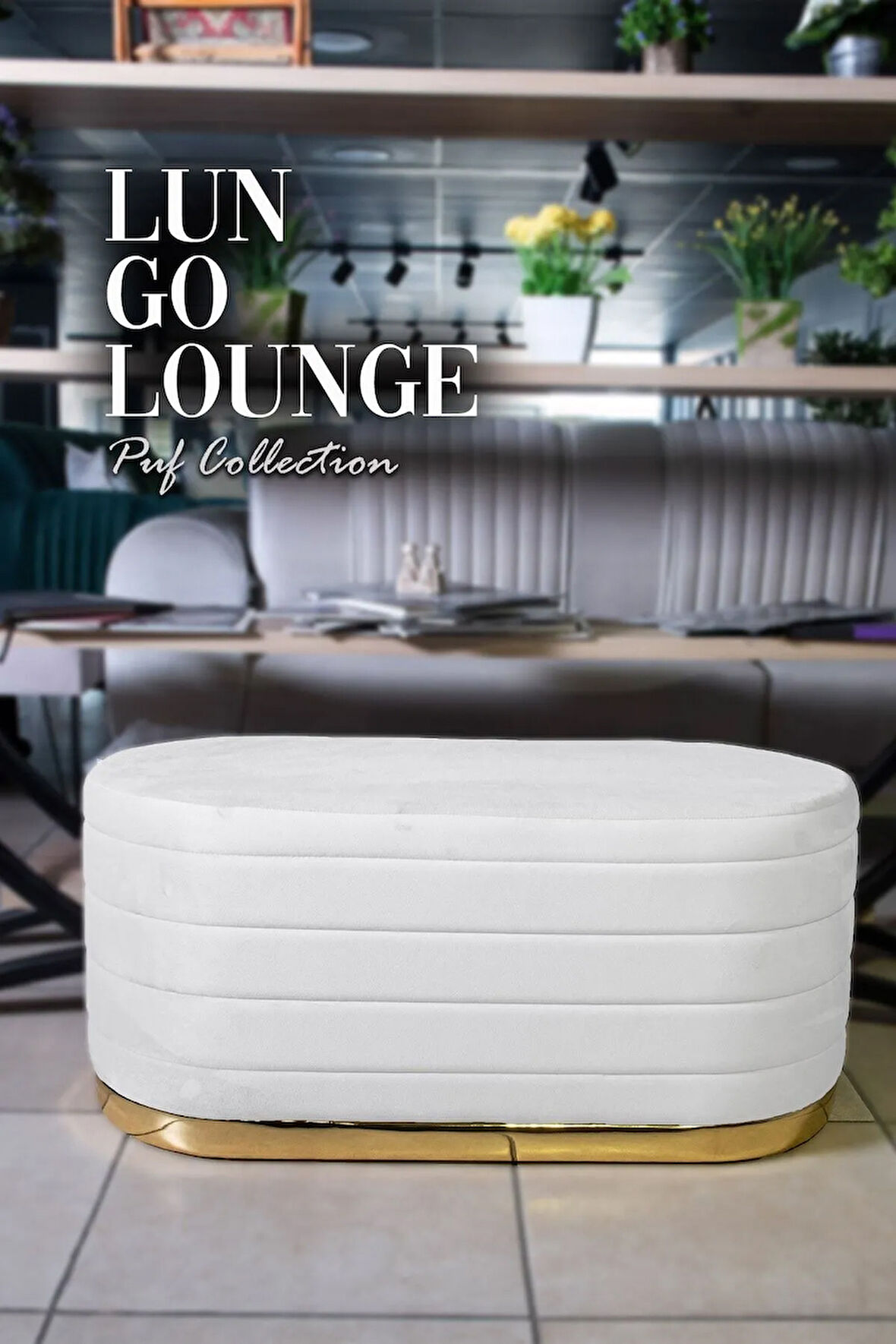 Lungo Long Line Beyaz Puf Luxery Gold Kaplama Dekoratif Puf Koltuk