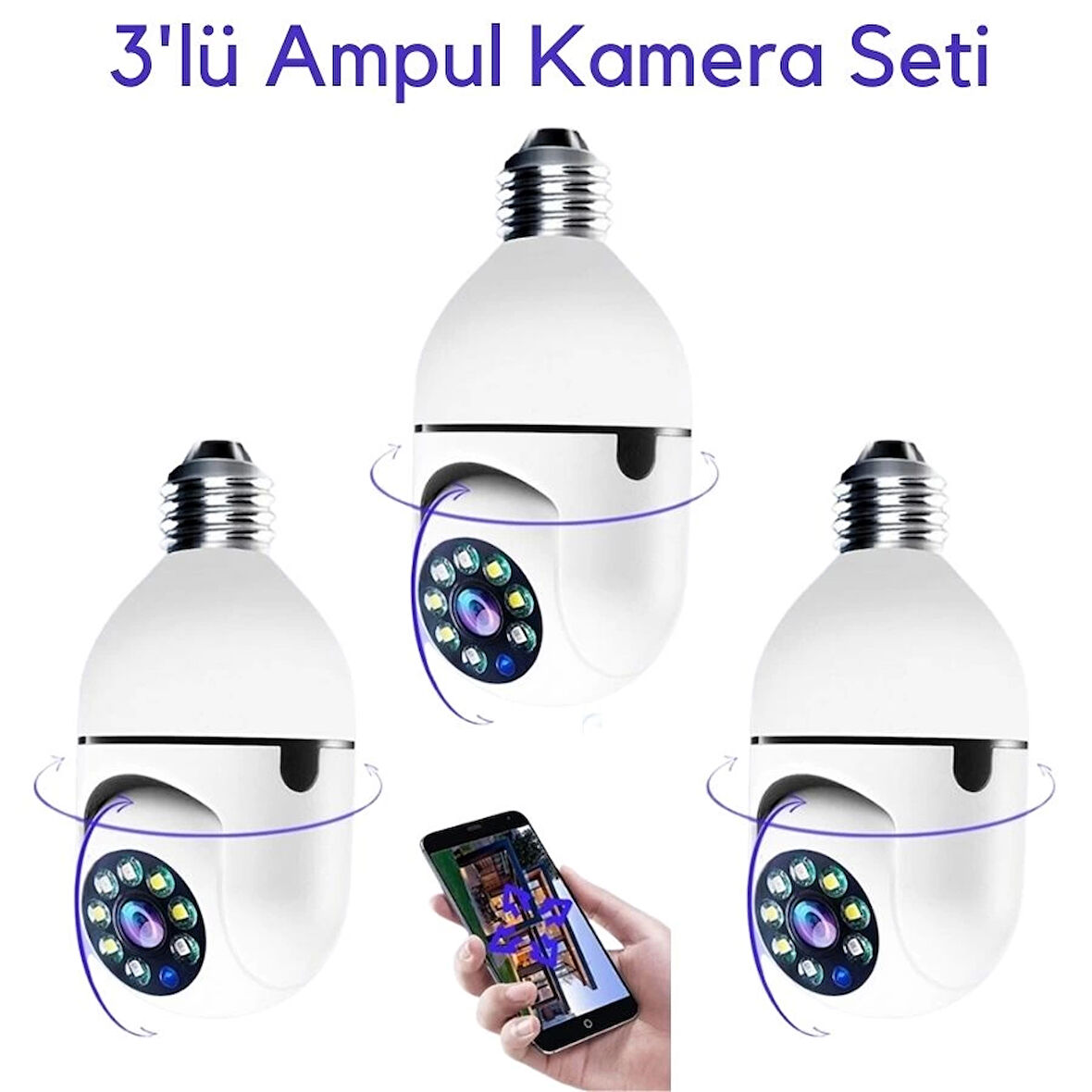 LENAY  3 Lü Kamera Seti Wifi 360 Derece Panoramik Ampul Kamera Güvenlik Kamerası Gece Görüşlü Sesli