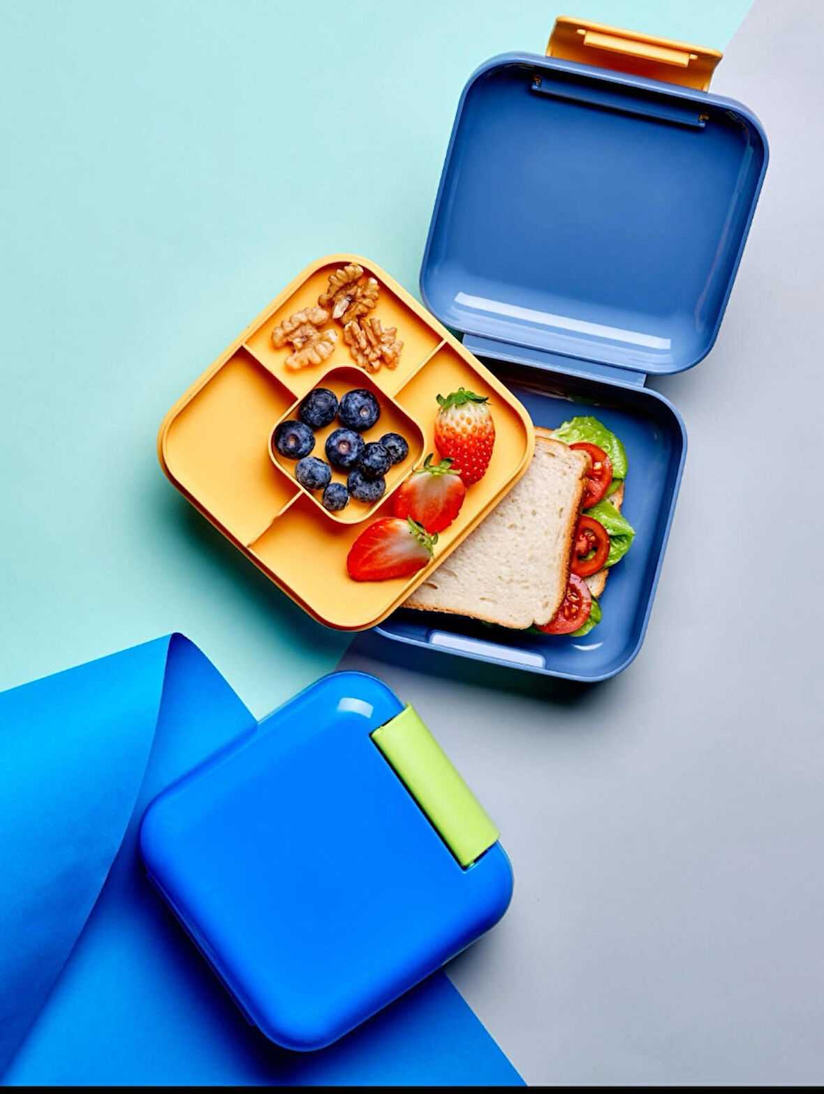 2 Katlı Mat Mavi Kare Mini Lunch Box Yemek Saklama Beslenme Kutusu Öğrenci Okul İşyeri Sefer Tası
