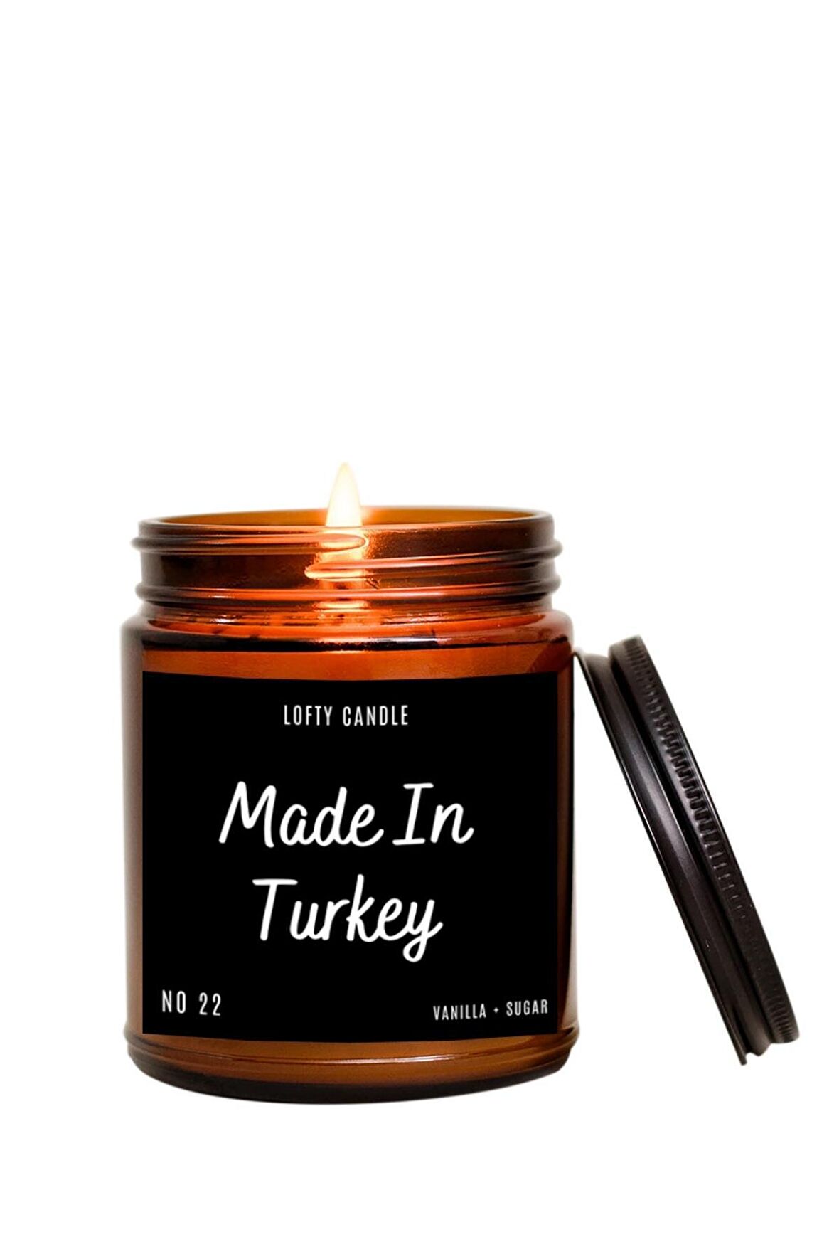 Made In Turkey Siyah Etiket Amber Kavanoz Mum Dekor Aromaterapi Rahatlatıcı Vanilya Kokusu 210 GR