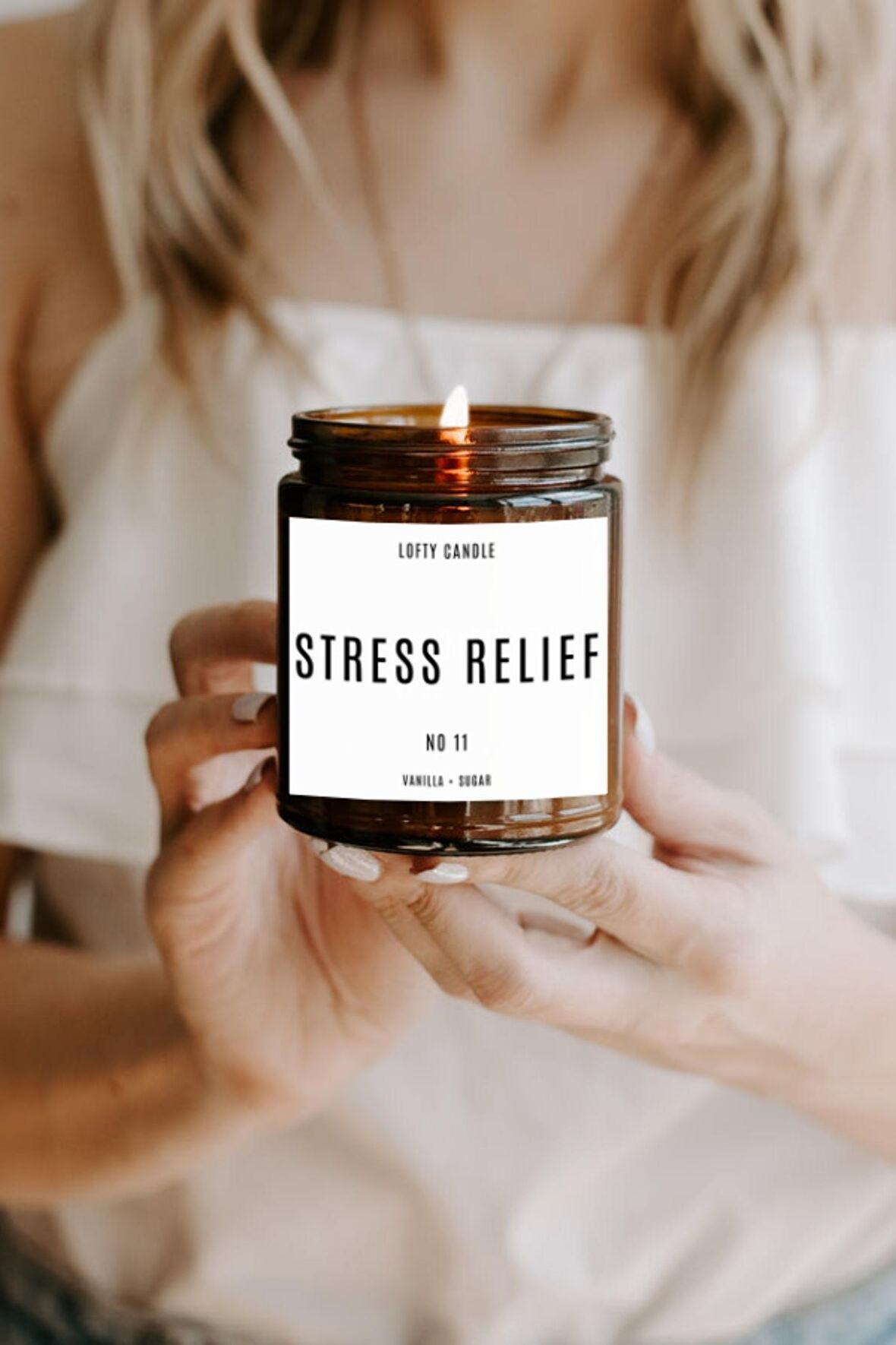 Stress Relief Beyaz Etiket Amber Kavanoz Mum Dekor Aromaterapi Rahatlatıcı Vanilya Kokusu 210 GR