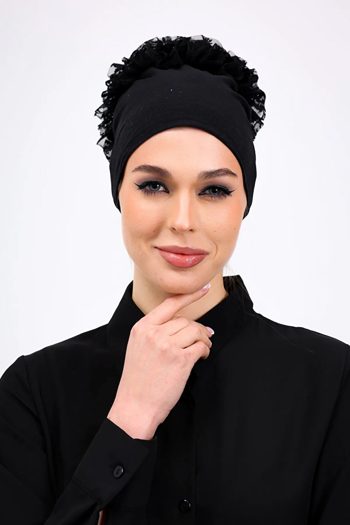 Fırfırlı Dikişsiz Penye Bone Siyah - Kadın Tesettür Bağlamalı Topuz İç Bone