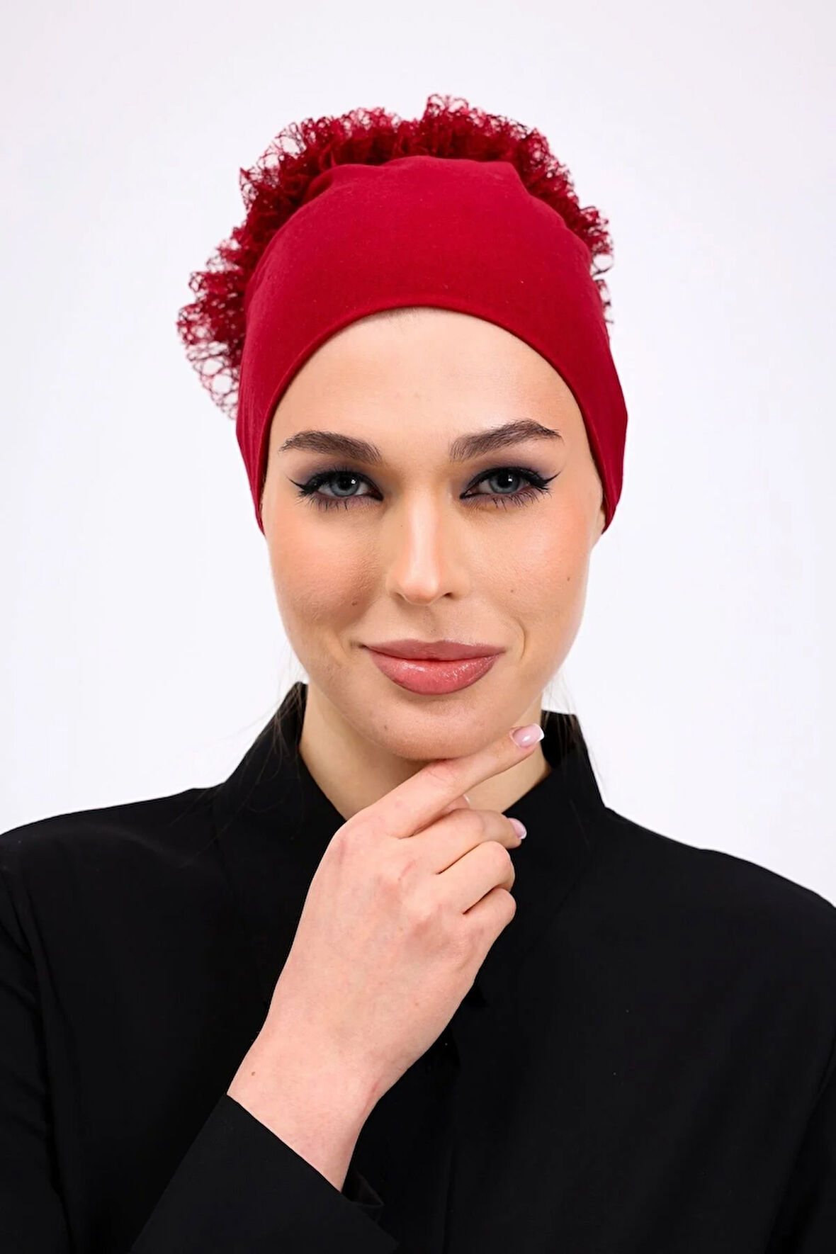 Fırfırlı Dikişsiz Penye Bone Bordo - Kadın Tesettür Bağlamalı Topuz İç Bone