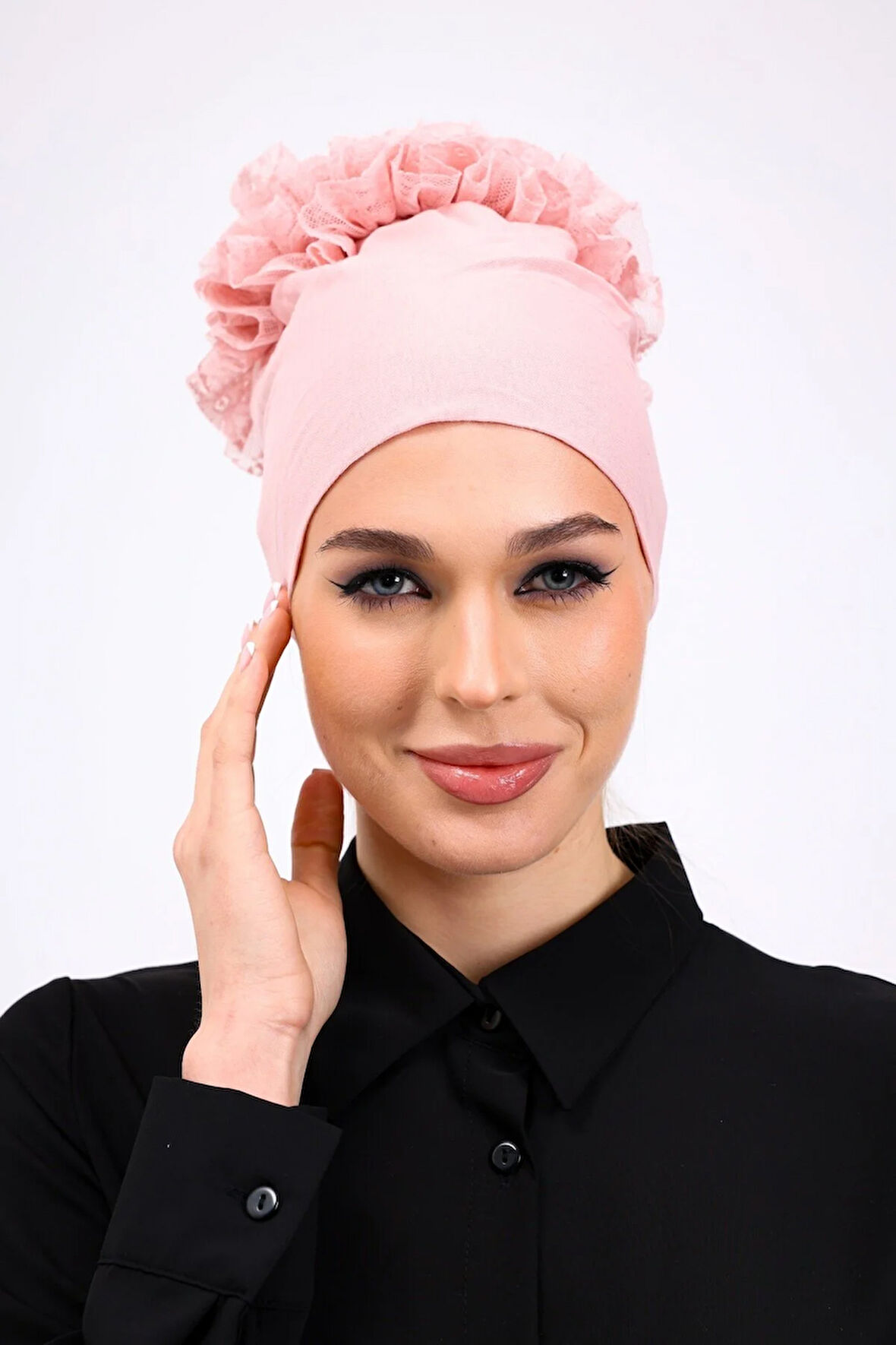 Fırfırlı Dikişsiz Penye Bone Pembe - Kadın Tesettür Bağlamalı Topuz İç Bone Pudra