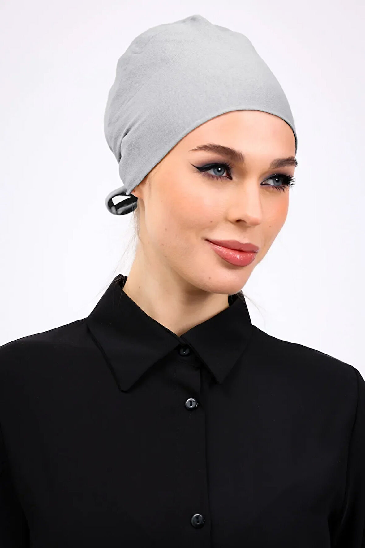 Düz Dikişsiz Penye Bone Açık Gri - Kadın Tesettür Bağlamalı İç Bone