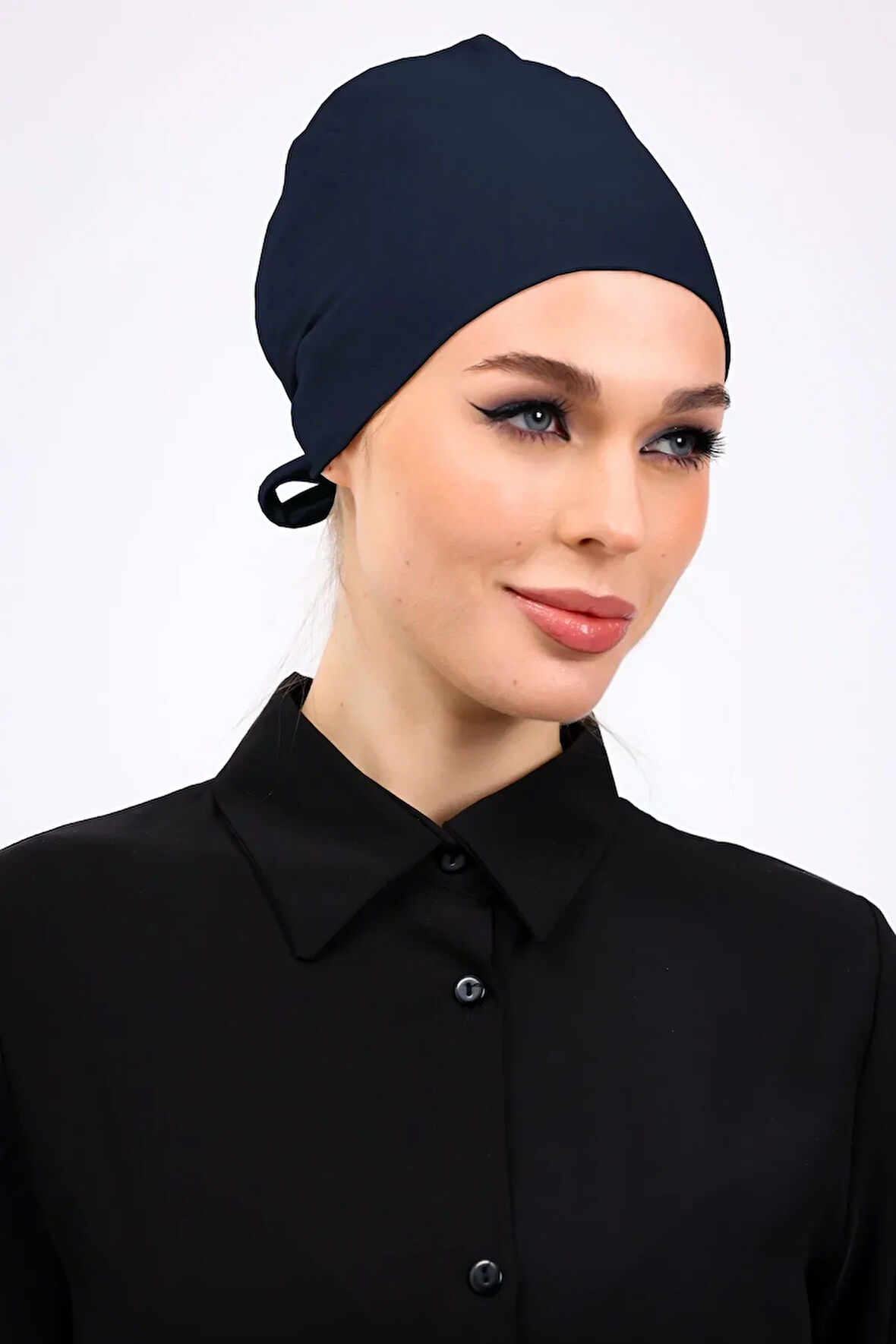 Düz Dikişsiz Penye Bone Petrol Mavisi - Kadın Tesettür Bağlamalı İç Bone