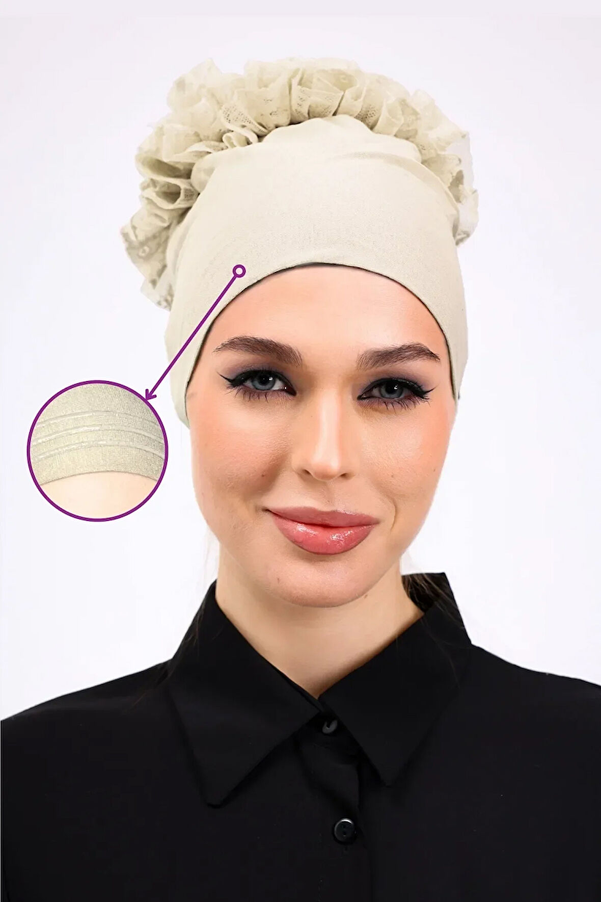 Kaymayan Fırfırlı Silikonlu Dikişsiz Bone Krem - Kaymaz Kadın Tesettür Bağlamalı İç Bone