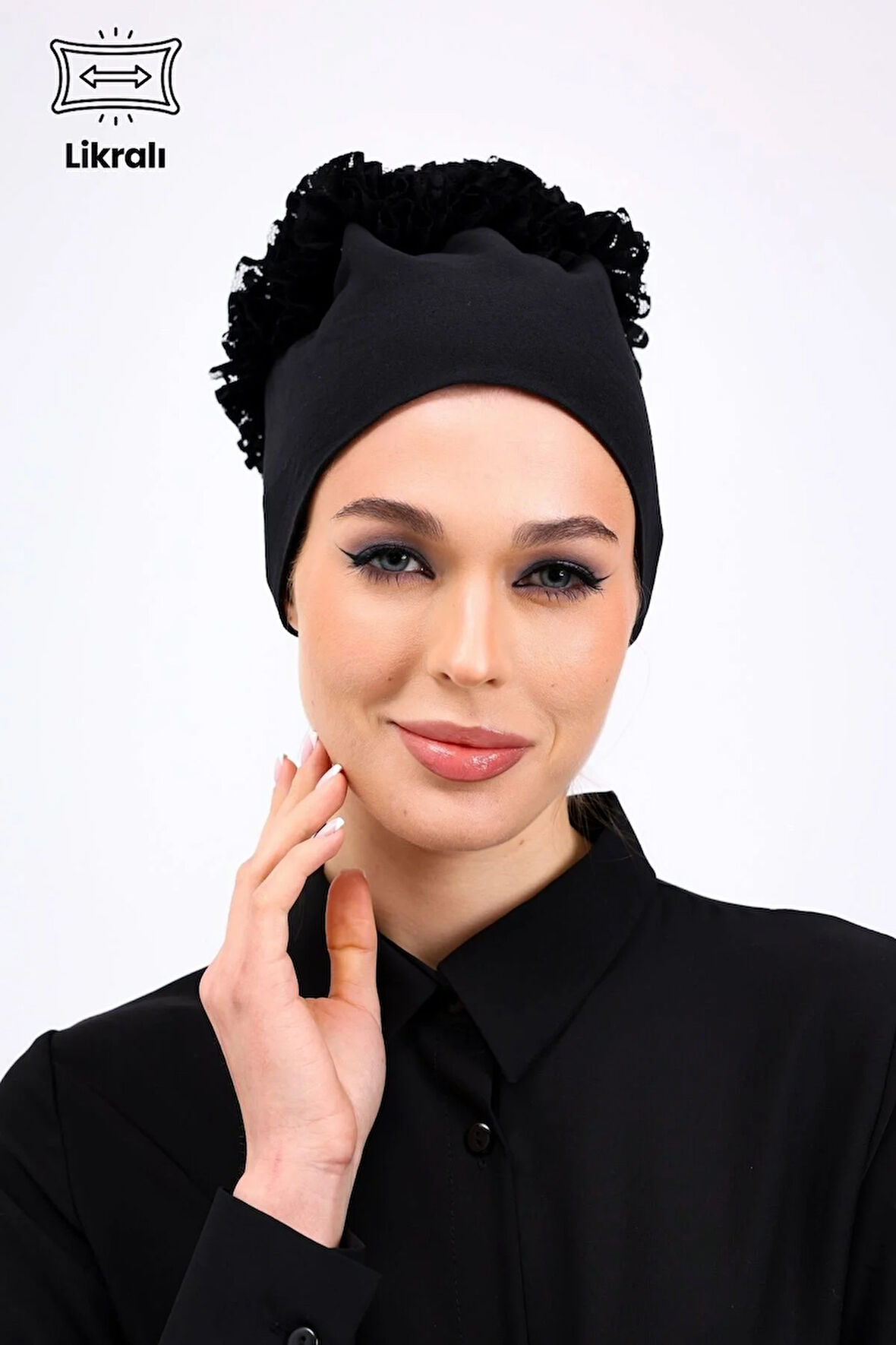 Likralı Fırfırlı Dikişsiz Siyah Bone - Kadın Tesettür Bağlamalı Topuz İç Bone Viskon