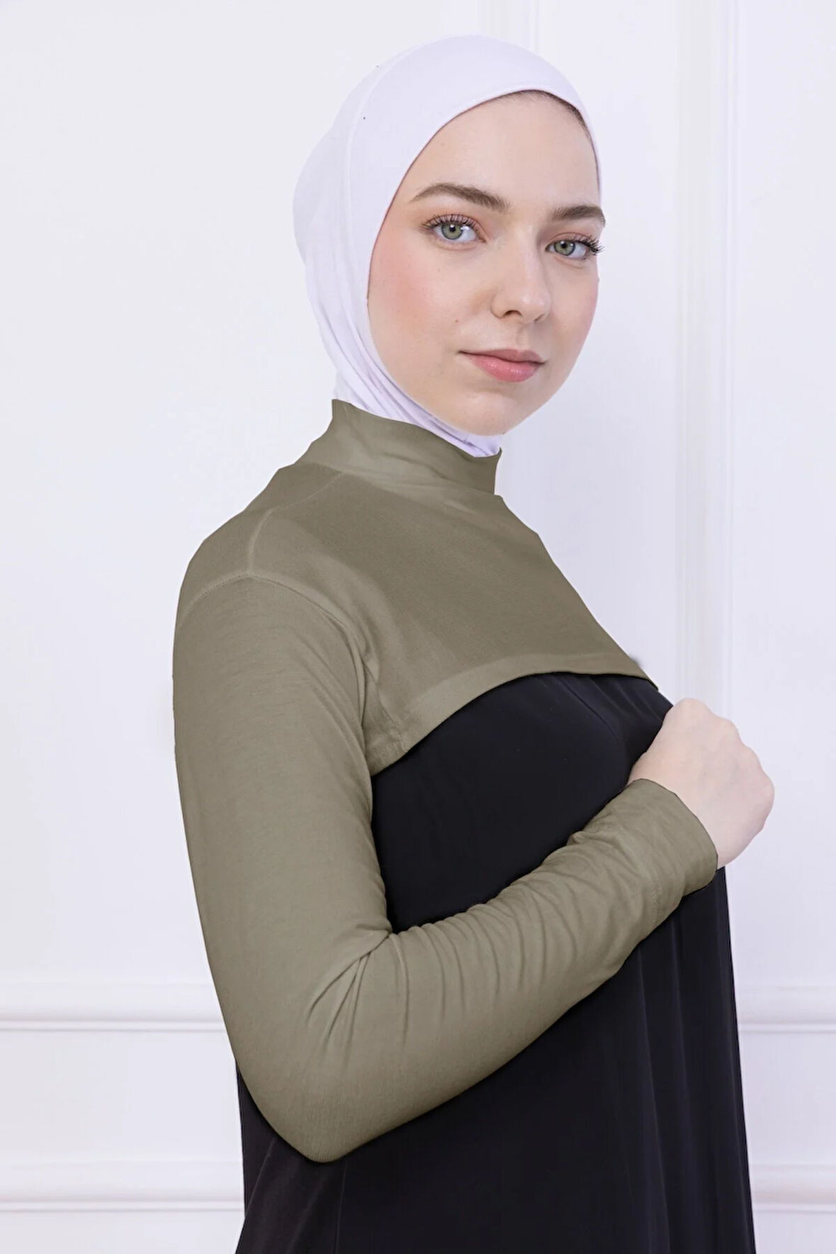 Balıkçı Yaka Boyunluklu Kolluk Açık Yeşil - Likralı Dik Yakalı Kadın Body Tesettür Crop Bolero
