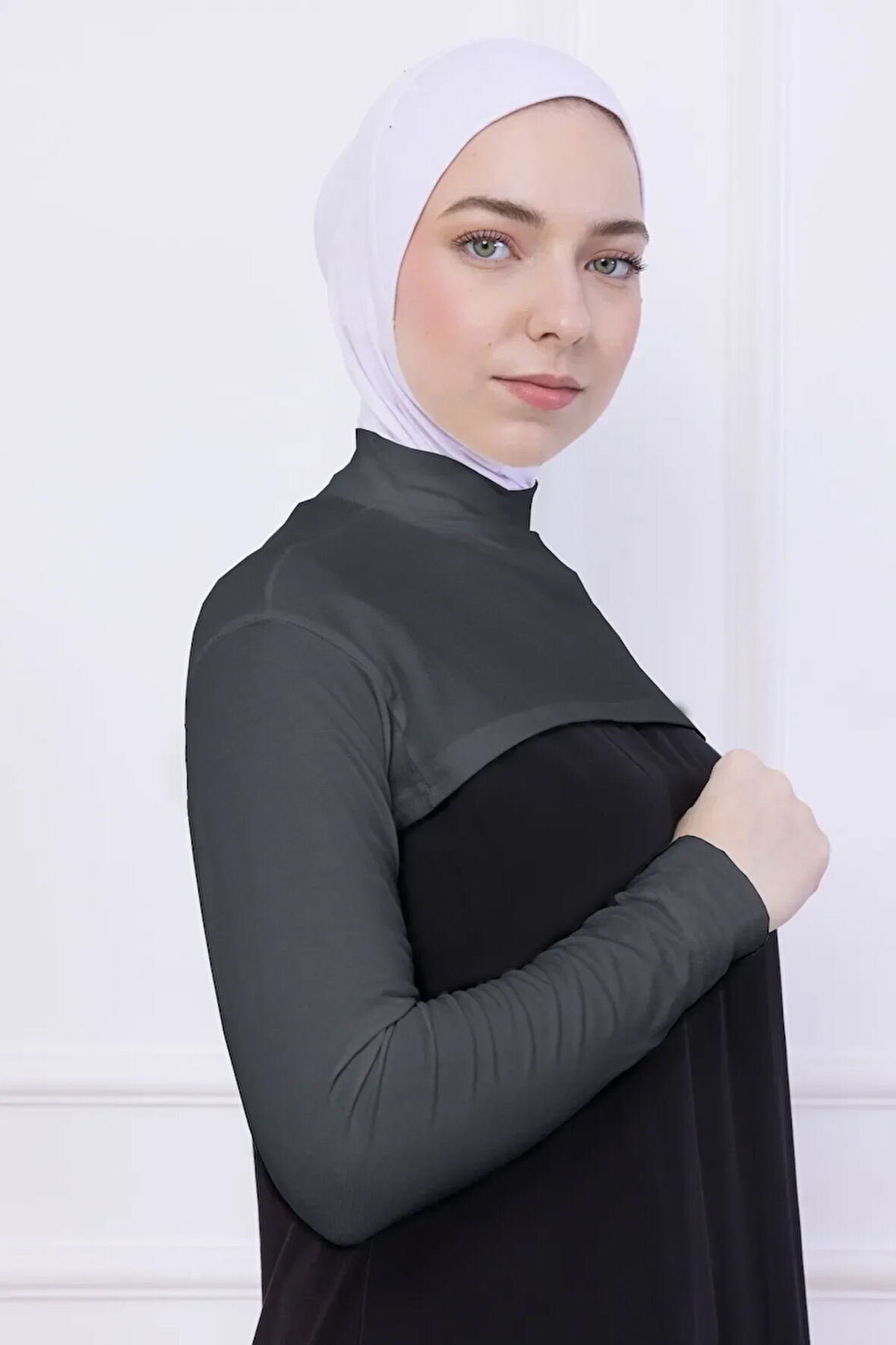 Balıkçı Yaka Boyunluklu Kolluk Gri - Likralı Dik Yakalı Kadın Body Tesettür Crop Bolero