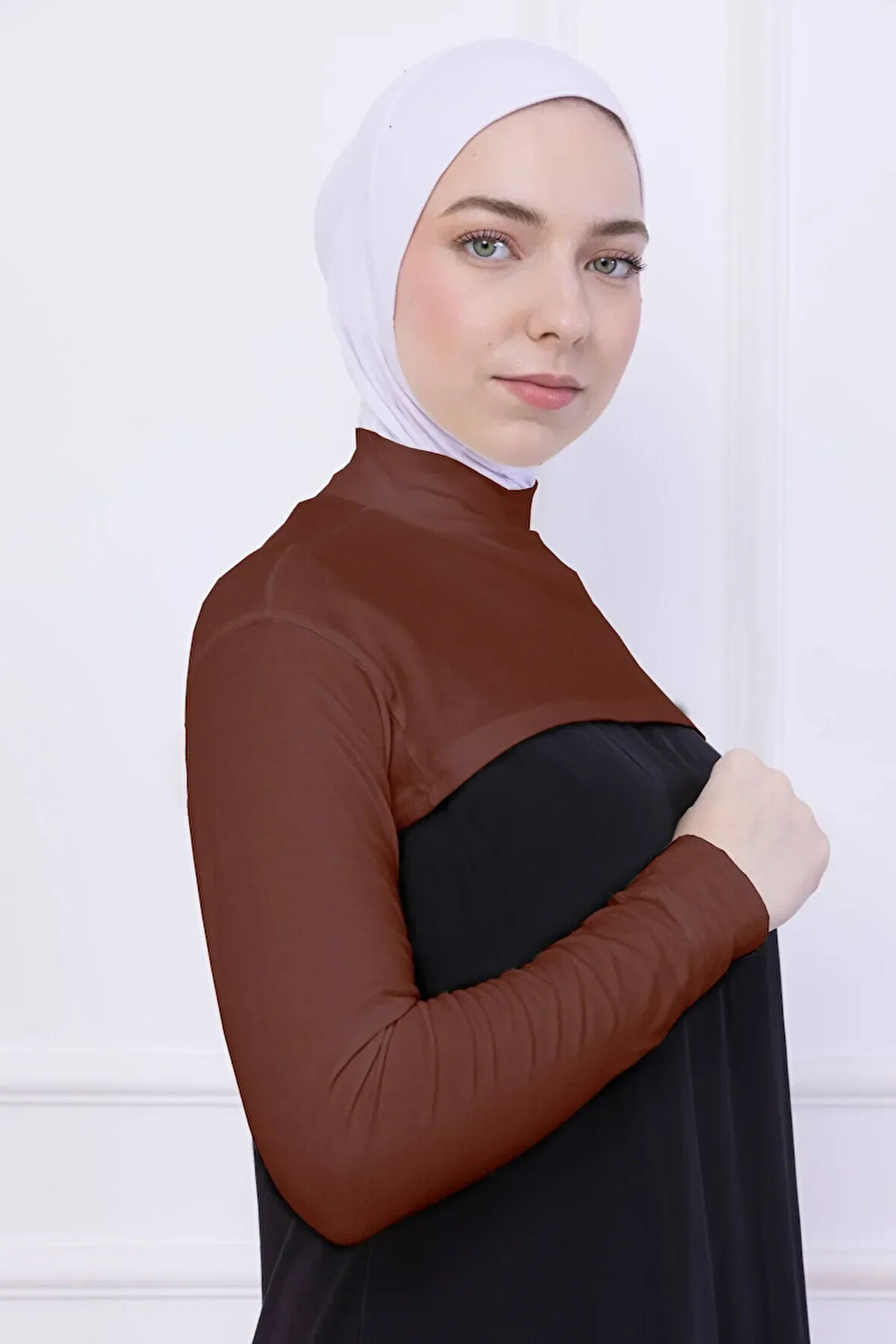 Balıkçı Yaka Boyunluklu Kolluk Kiremit - Likralı Dik Yakalı Kadın Body Tesettür Crop Bolero