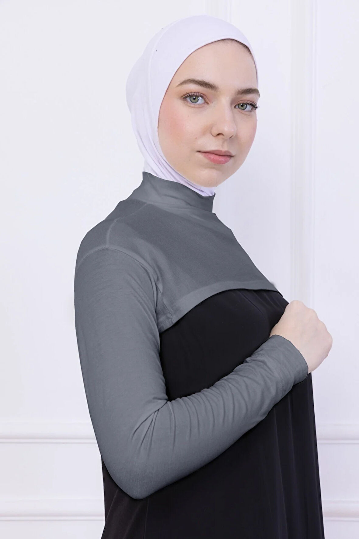 Balıkçı Yaka Boyunluklu Kolluk Açık Gri - Likralı Dik Yakalı Kadın Body Tesettür Crop Bolero
