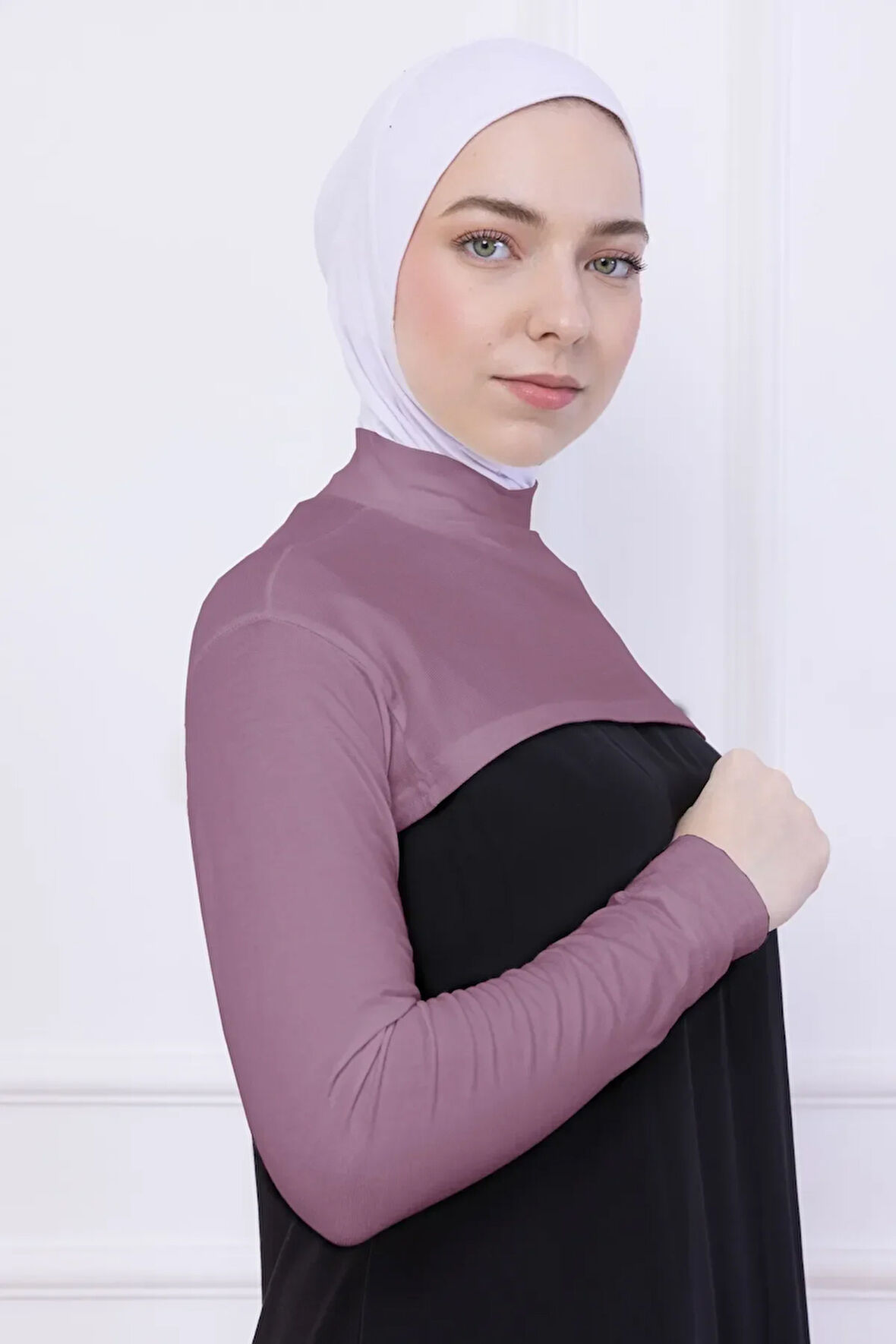 Balıkçı Yaka Boyunluklu Kolluk Gül Kurusu Pembe - Likralı Dik Yakalı Kadın Body Tesettür Crop Bolero