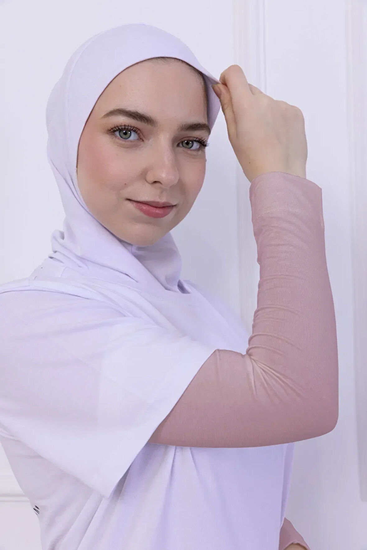 Likralı Penye Kolluk Pudra - Pratik Kadın Tesettür Düz Namaz Kolluğu 1 Çift 40cm Viskon Hijab