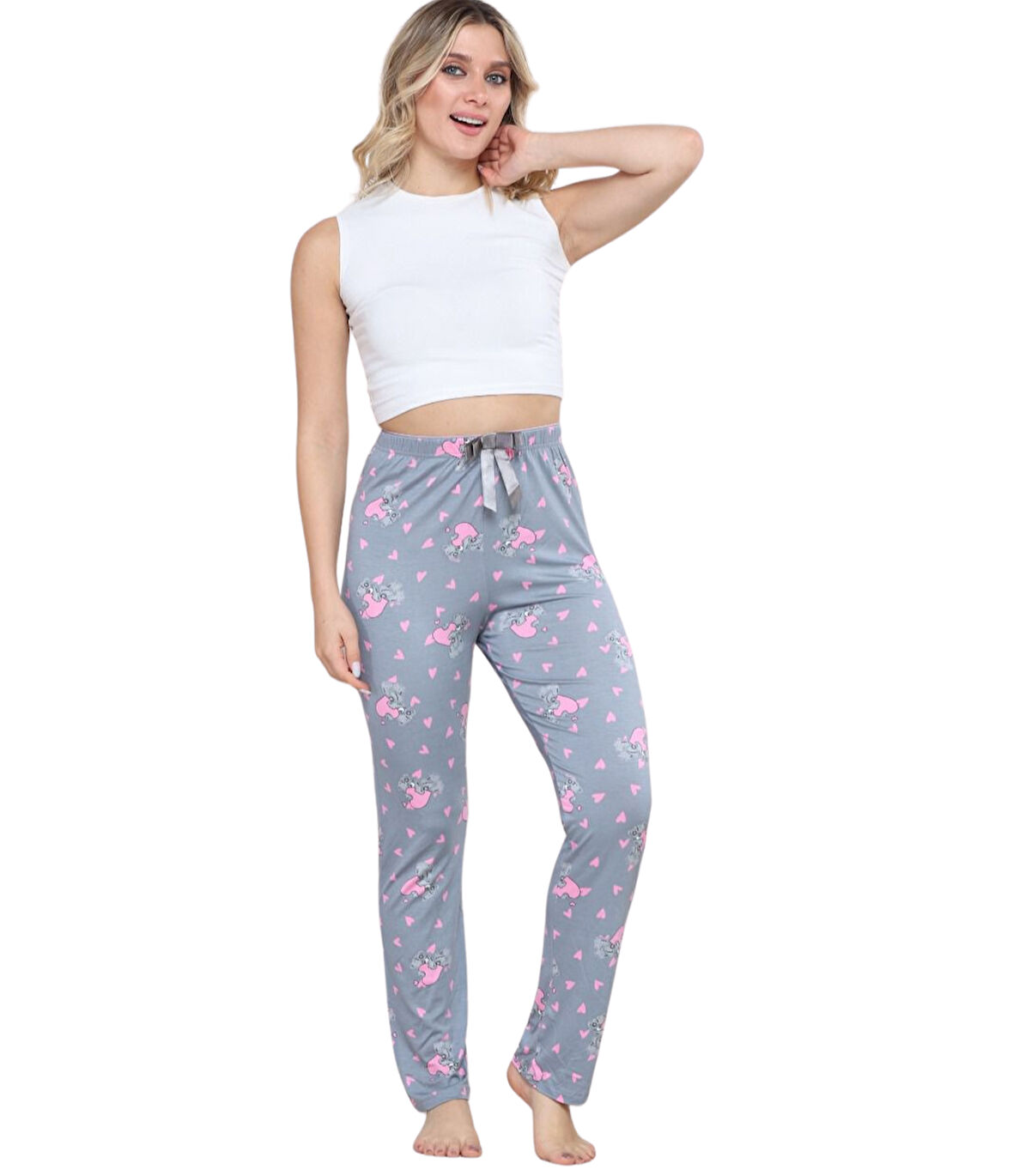 Pijama Altı Modal  Ring Viskon Kumaş Kalp Desenli-Gri