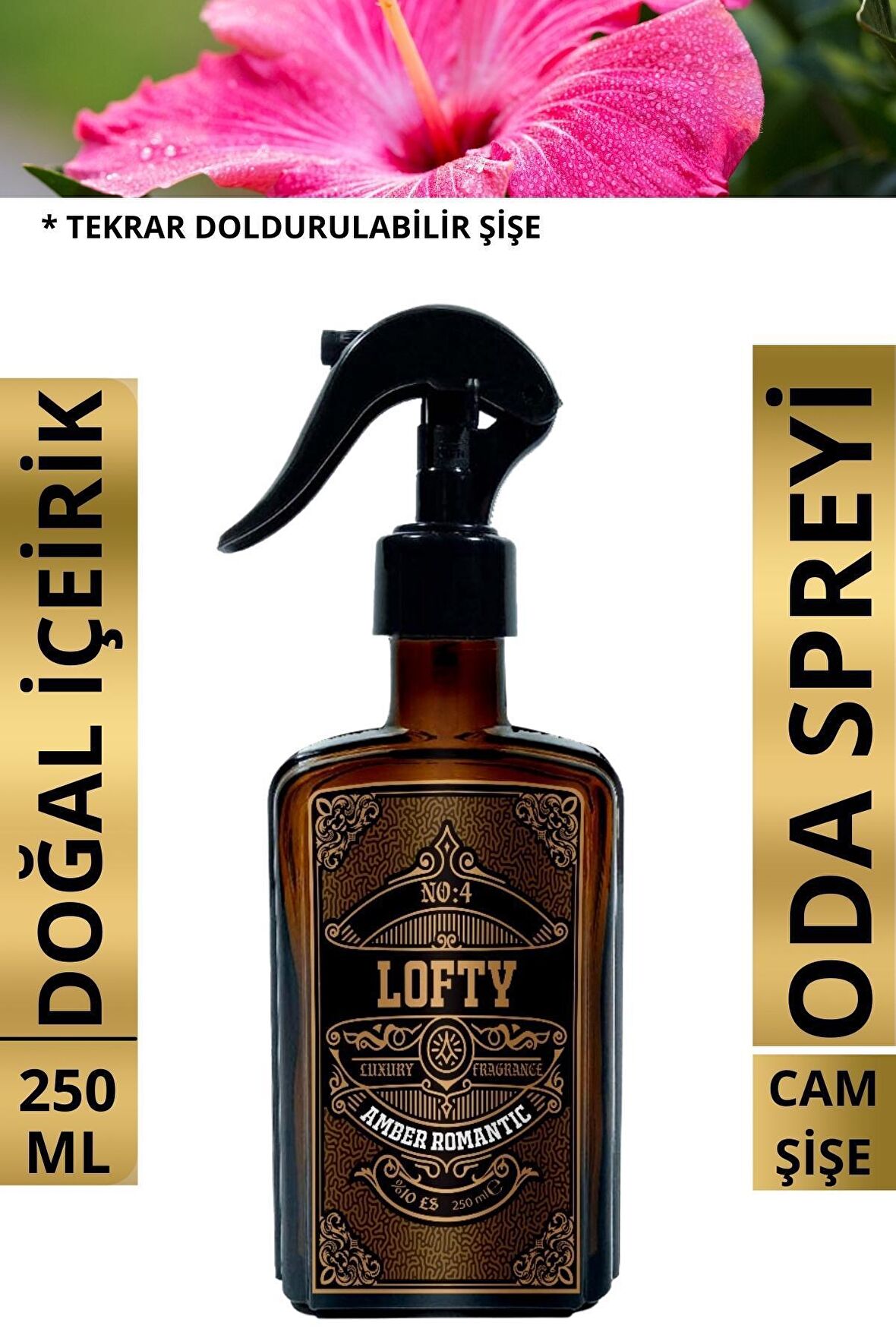 Amber Romantik Cam Şişe Oda ve Çamaşır Spreyi Vegan İçerik / Oda Parfümü / Oda Kokusu Lüx