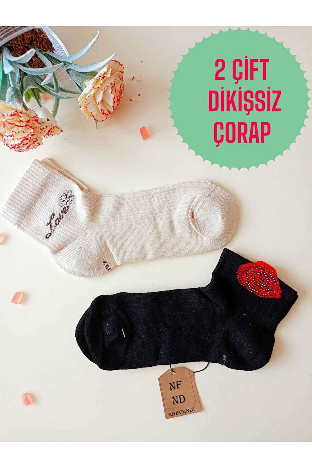 2 ÇİFT GÜL LOVE TAŞLI PAMUKLU BURUN DİKİŞSİZ KOKULU KISA KONÇ ÇORAP KREM SİYAH KADIN ÇORABI 36-40