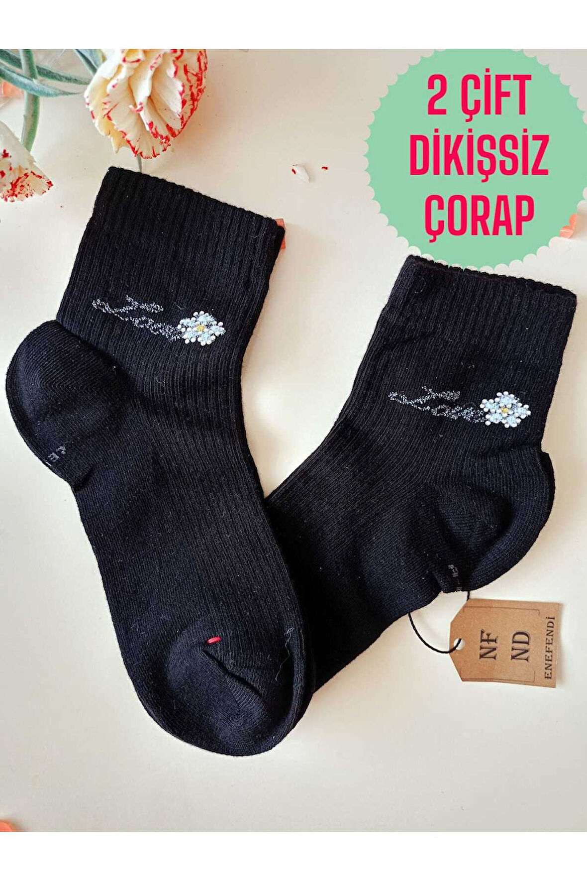 2 ÇİFT LOVE TAŞLI PAMUKLU BURUN DİKİŞSİZ LİKRALI KOKULU KISA KONÇ ÇORAP SİYAH KADIN ÇORABI 36-40