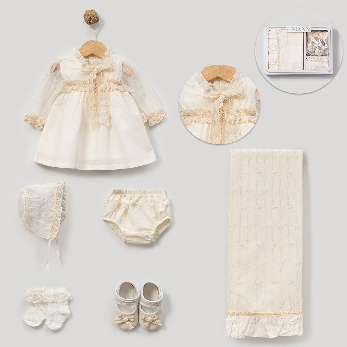 KIZ BEBEK LOWEMAX 0-3 AY ORGANİK DANTELLİ ELBİSELİ AYAKKABILI SET PREMİUM KALİTE