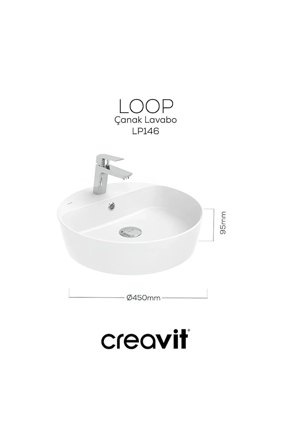 Loop 45cm Masa Üstü Çanak Lavabo Beyaz
