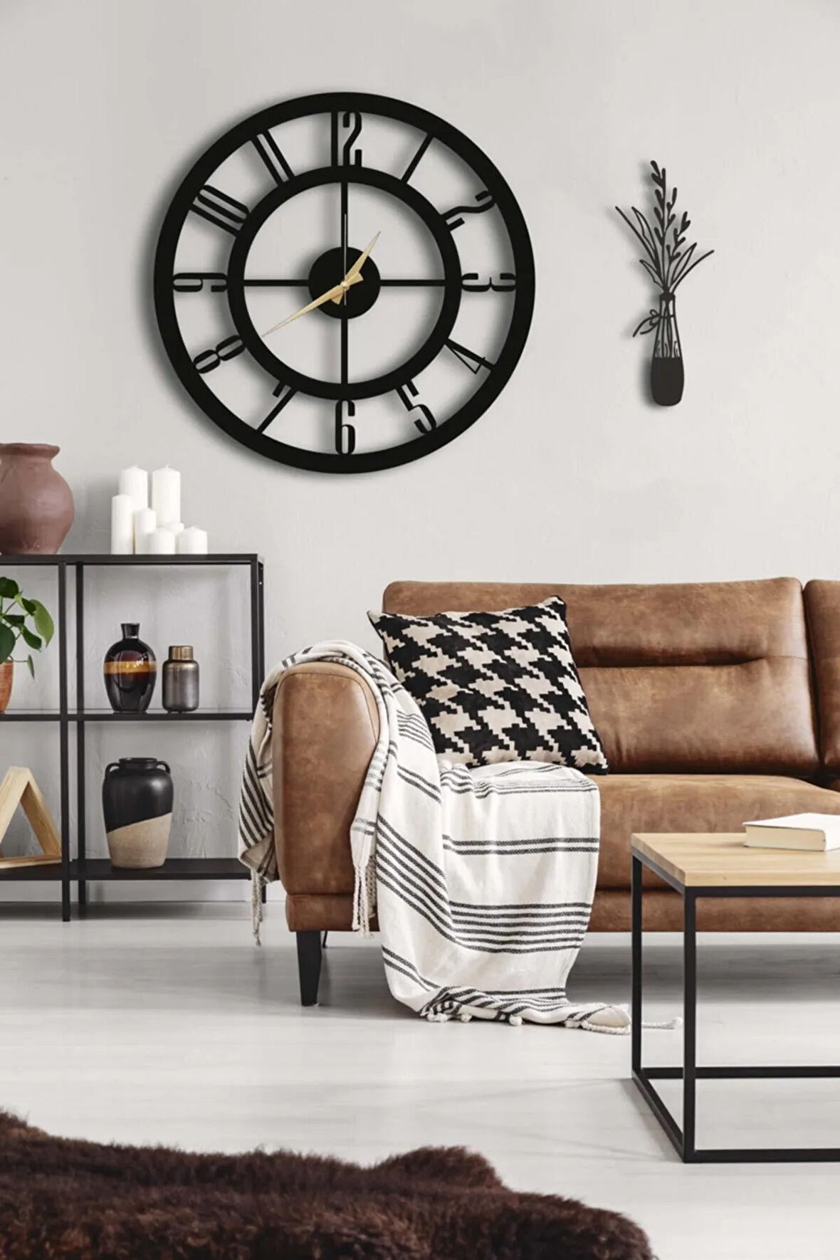 Dekoratif Duvar Saati 50x50cm + Vazo Tablo