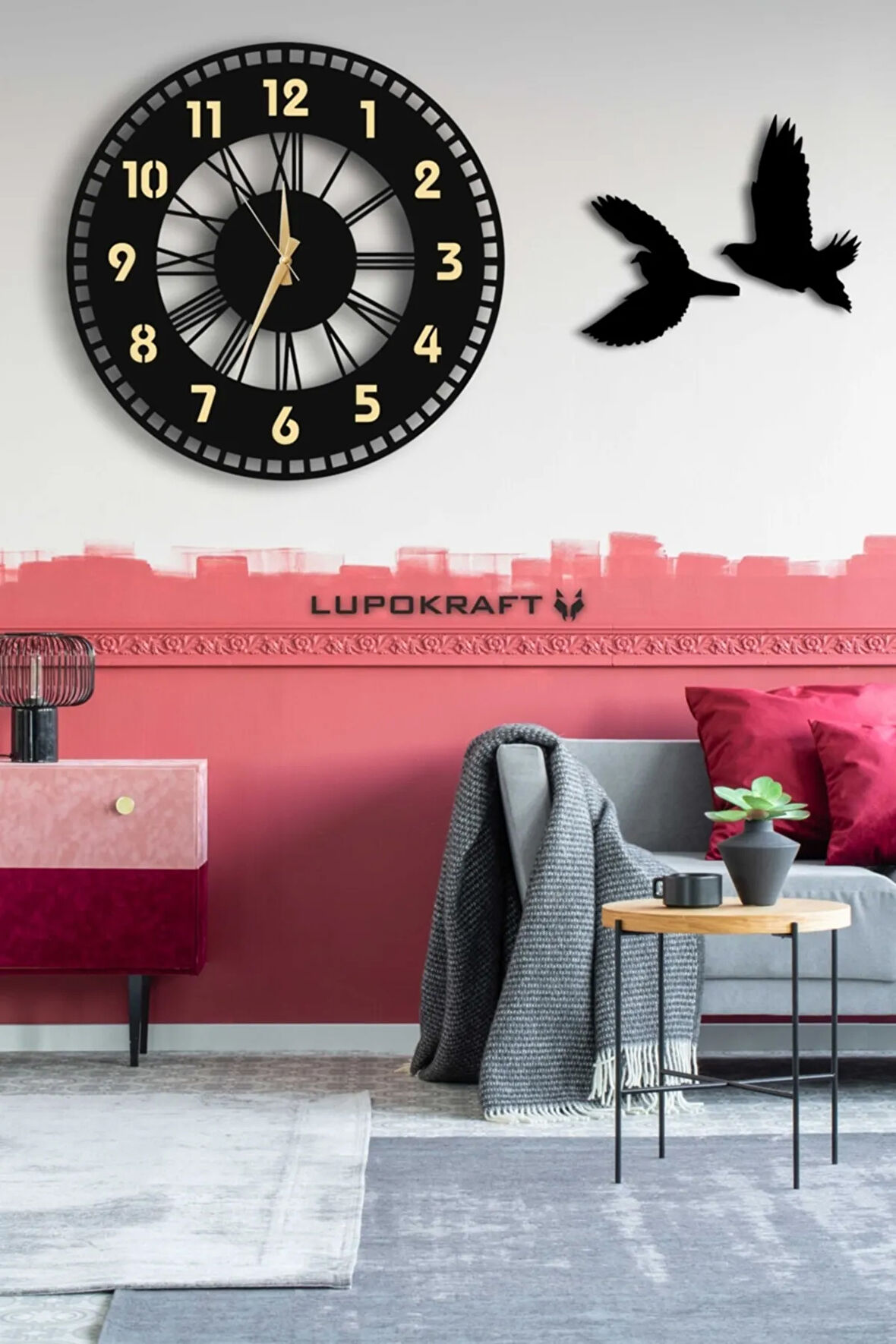 Dekoratif Aynalı Duvar Saati 50x50cm + Kuşlu Tablo