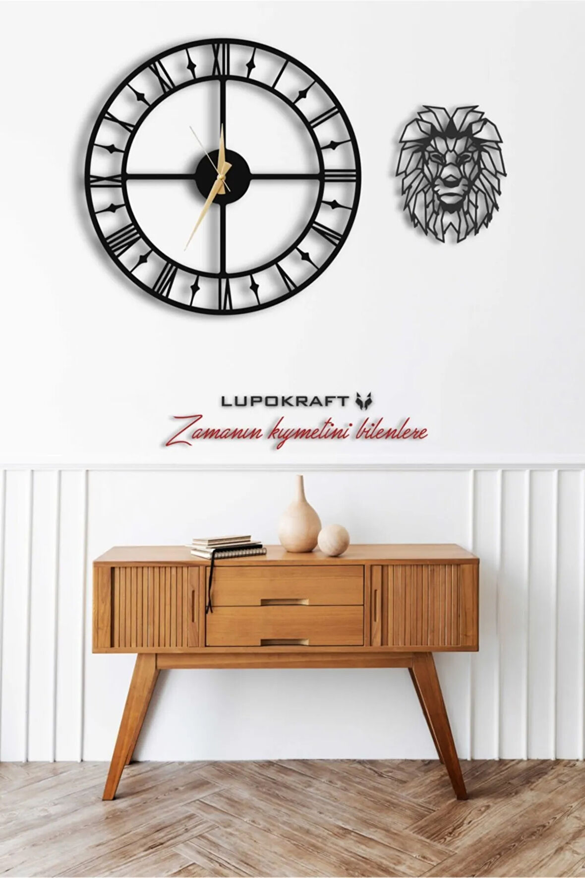 Dekoratif Duvar Saati 50x50cm + Aslanlı Tablo