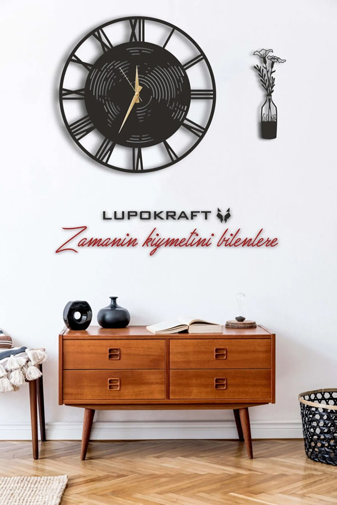 Dekoratif Duvar Saati 50x50cm + Vazo Tablo