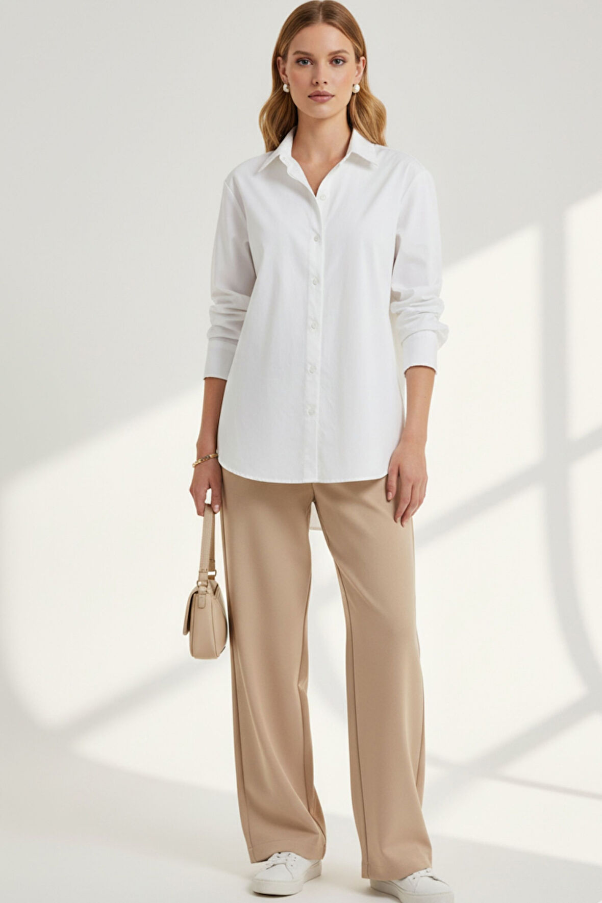 Kadın Beyaz Klasik Regular Fit Gömlek Yaka Düğmeli Uzun Kollu Zarif Gömlek – Kadın Gömlek