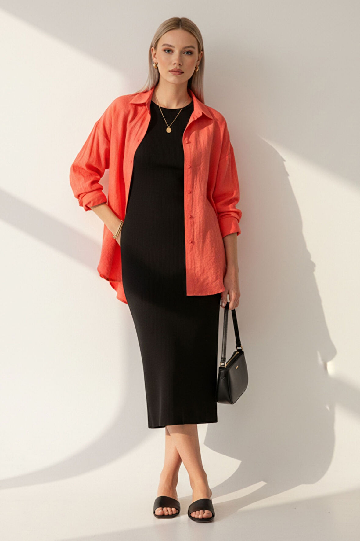 Kadın Mercan Classic Regular Fit Düğmeli Uzun Kollu Dokuma Rahat Kesim Bluz, Kadın Gömlek Bluz