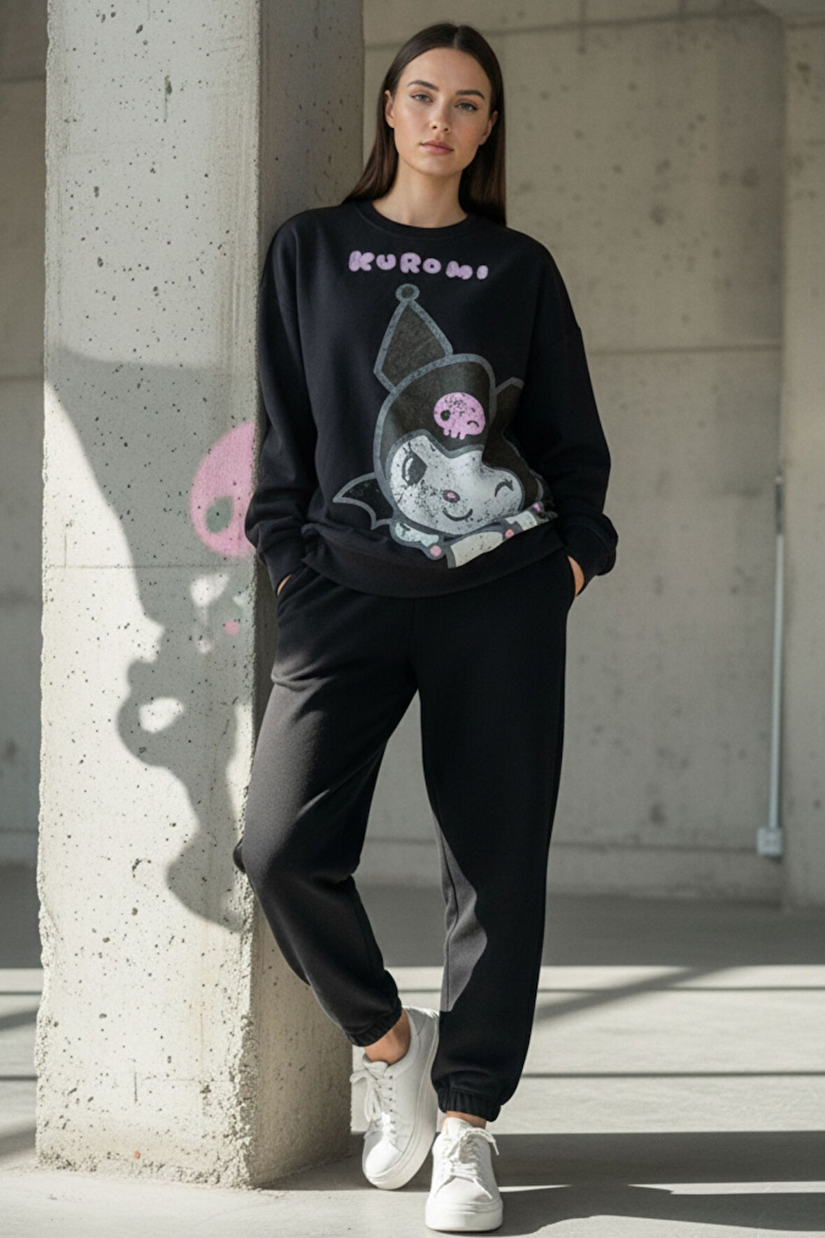 Kadın Antrasit  Baskılı Bisiklet Yaka Uzun Kollu Oversize Yumuşak Dokulu Sweatshirt Kadın Sweatshirt