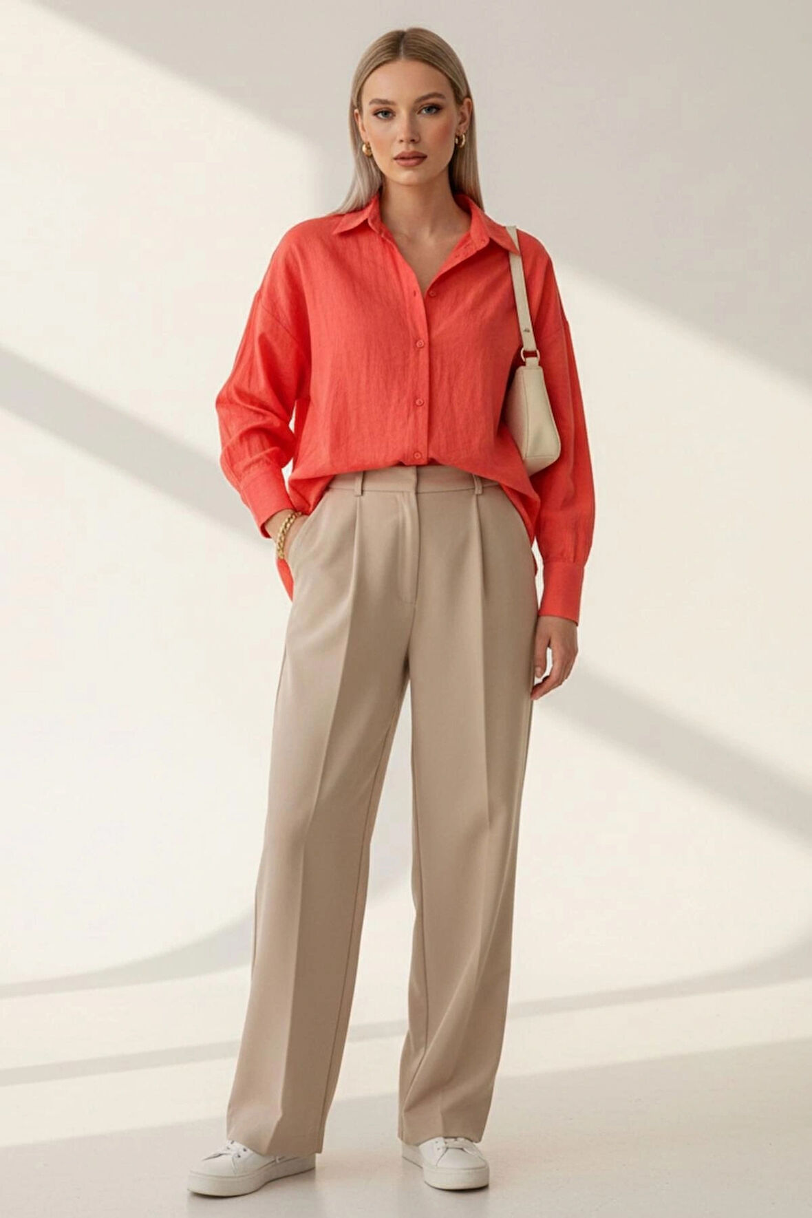 Kadın Mercan Classic Regular Fit Düğmeli Uzun Kollu Dokuma Rahat Kesim Bluz, Kadın Gömlek Bluz