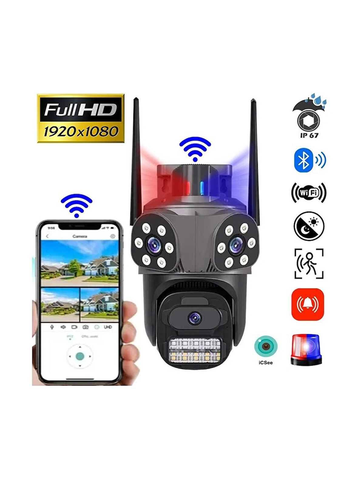 3 Kameralı Fhd Polis Çakarlı Yapay Zekalı Insan Algılamalı Wifi Dış Mekan Güvenlik Kamerası
