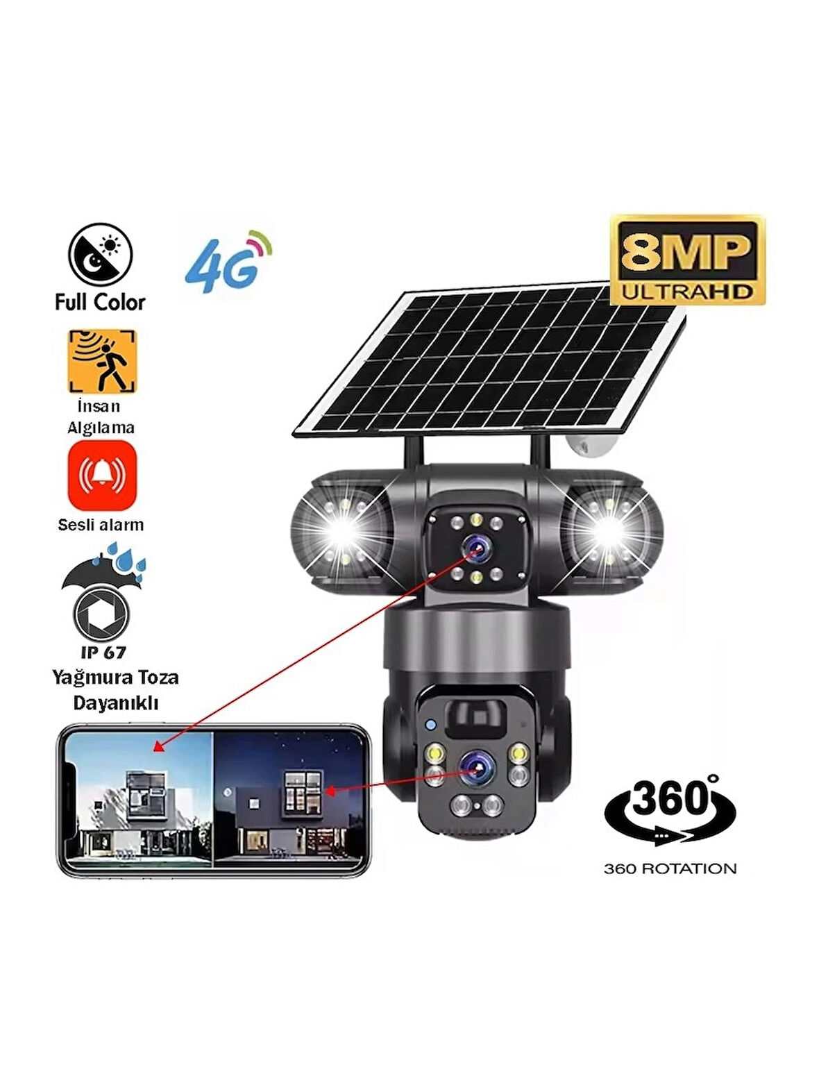 Çift Kameralı Solar Panelli Sim Kart ile Çalışan Alarmlı Yeni Yapay Zekalı Güvenlik Kamerası