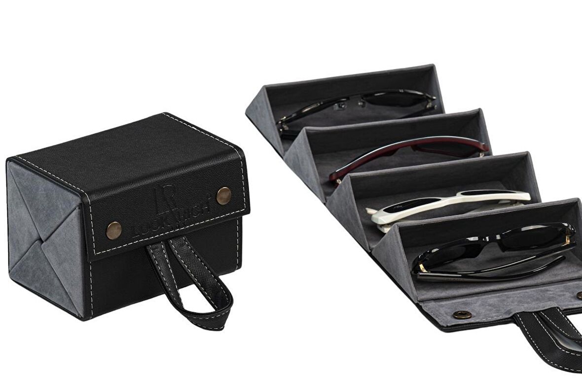 Look Rich El Yapımı Deri 4'lü Gözlük Taşıma Ve Saklama Çantası- Siyah Renk