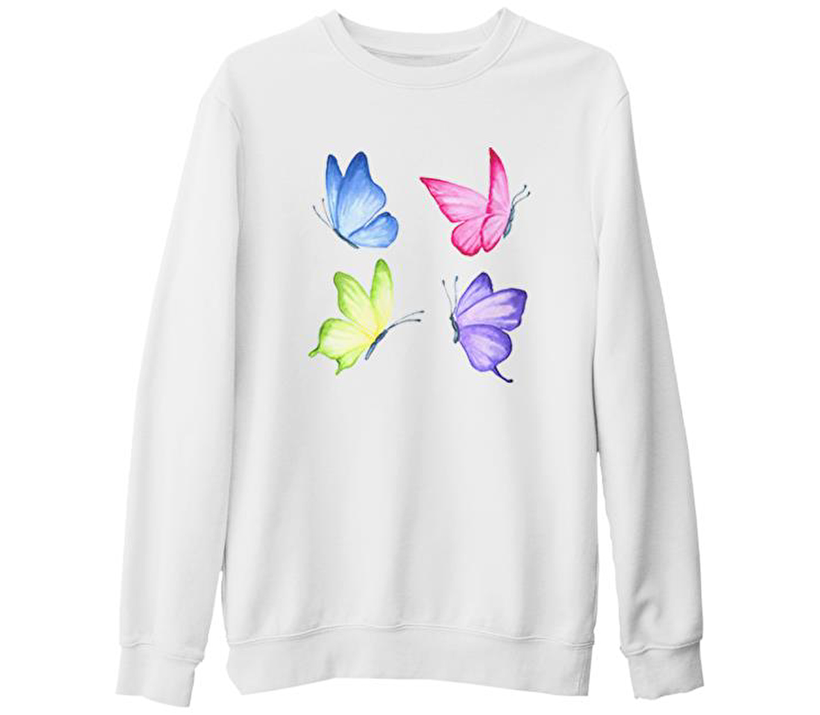 Renkli Kelebekler Beyaz Kalın Sweatshirt