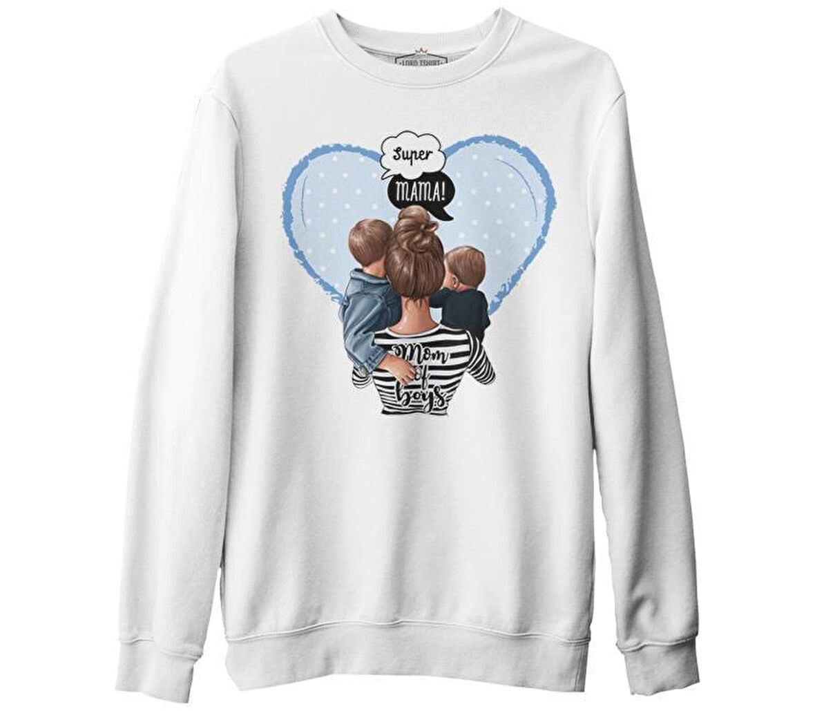 Mom of Boys Anneler Günü Beyaz Unisex Kalın Sweatshirt