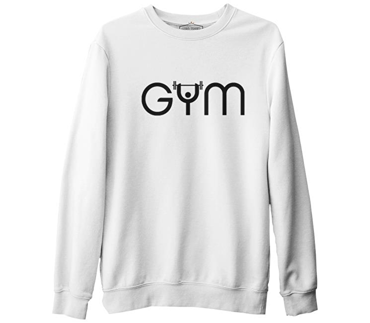 Bodybuilding - GYM with a Bar Beyaz Erkek Kalın Sweatshirt