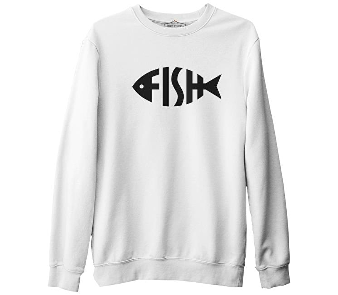 Fish with Letters Beyaz Erkek Kalın Sweatshirt