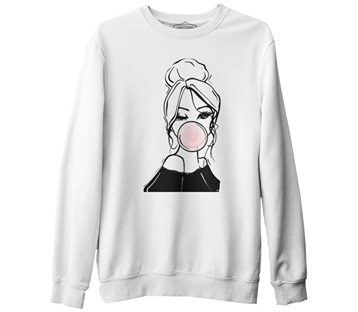 Girl Behind Bubble Gum Beyaz Erkek Kalın Sweatshirt