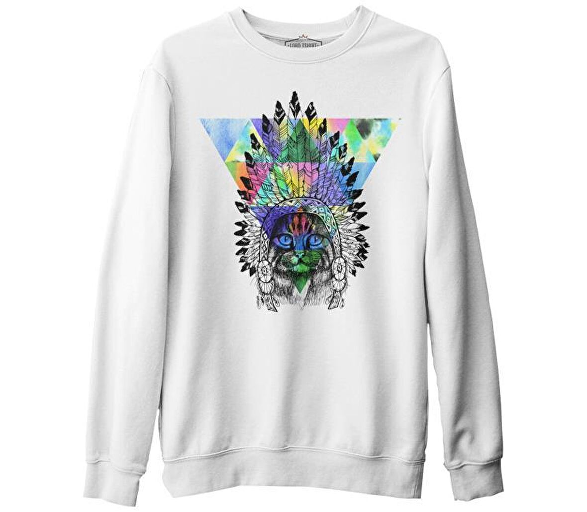 Sitting Cat - Kedi Beyaz Erkek Kalın Sweatshirt
