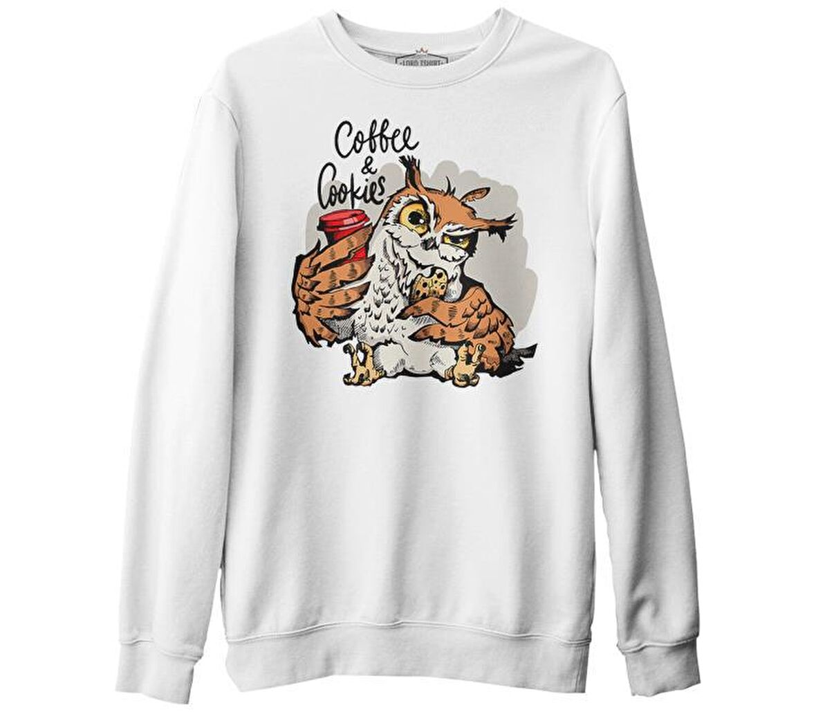 Coffee and Biscuits - Baykuş Beyaz Erkek Kalın Sweatshirt